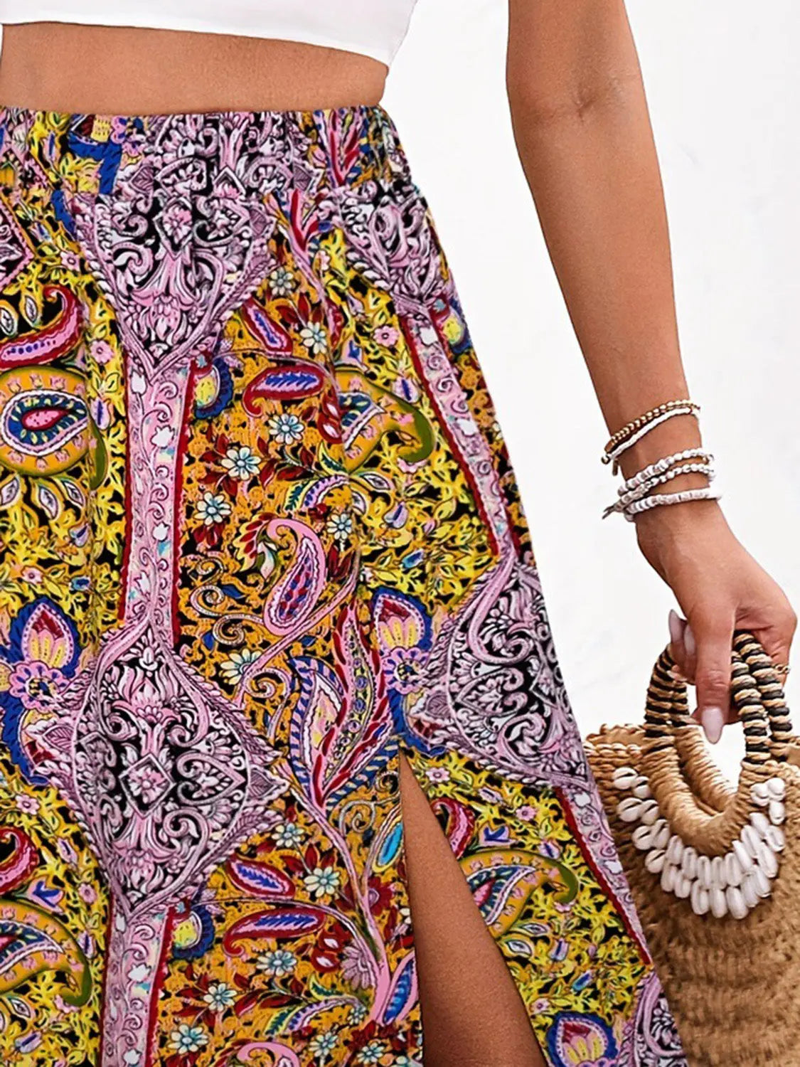 Slit Printed Elastic Waist Skirt - ThingsWeUseAndLove