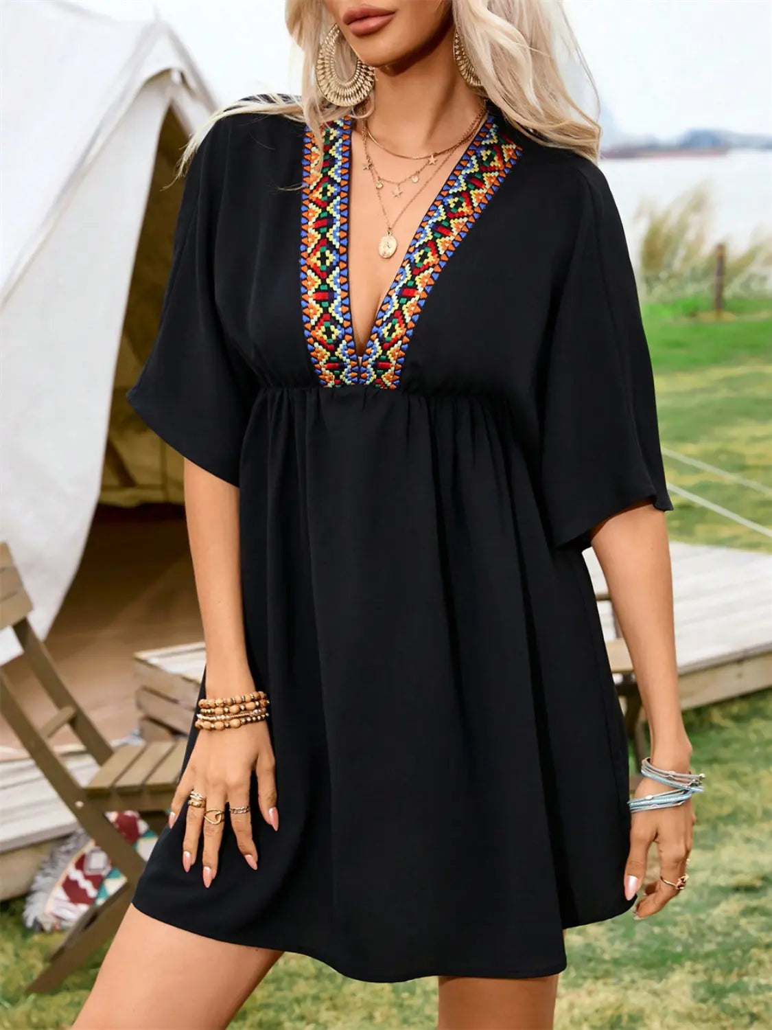 Austyn Embroidered Plunge Half Sleeve Mini Dress - ThingsWeUseAndLove