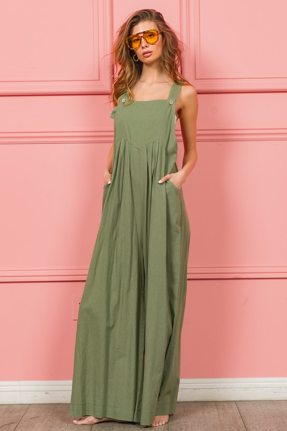 BiBi Ruched Wide Leg Overalls with Pockets - ThingsWeUseAndLove