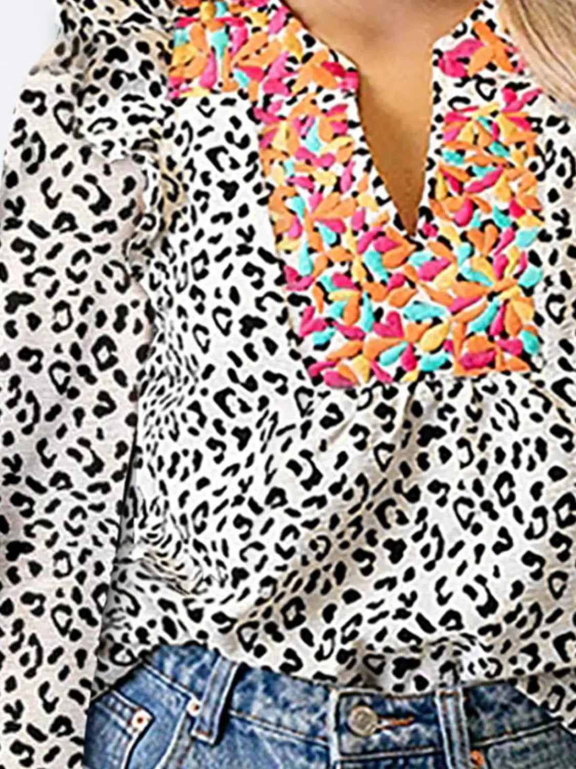 Havana Ruffled Leopard Notched Long Sleeve Blouse - ThingsWeUseAndLove