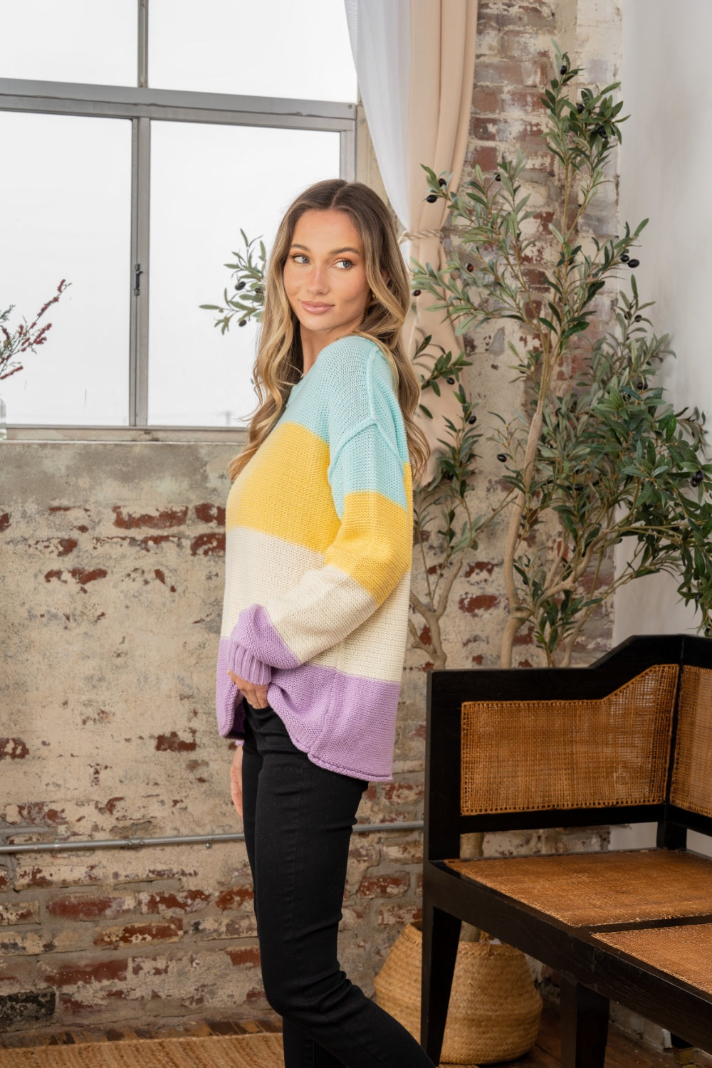 Color Block Yellow/Lilac Exposed Seam Sweater - ThingsWeUseAndLove