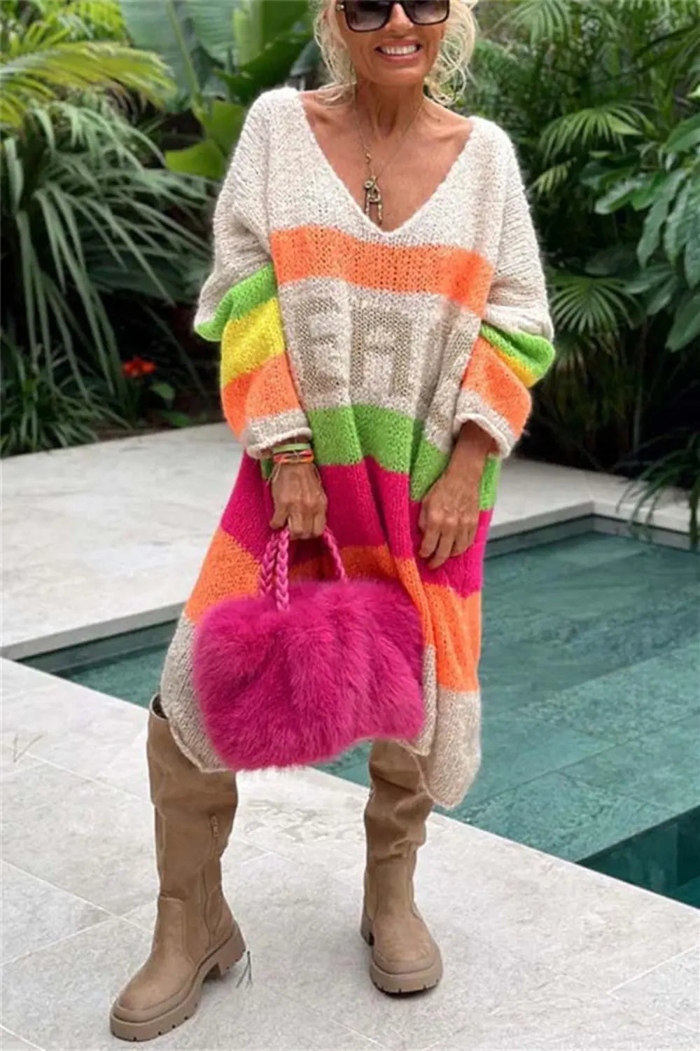 Martella Color Block V-Neck Long Sleeve Sweater Dress - ThingsWeUseAndLove