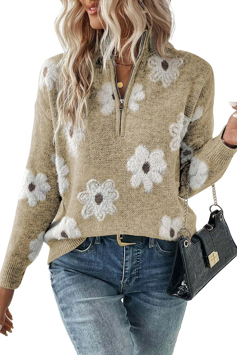 Pink Vintage 60s Floral Pattern Half Zip Collar Drop Shoulder Sweater - ThingsWeUseAndLove