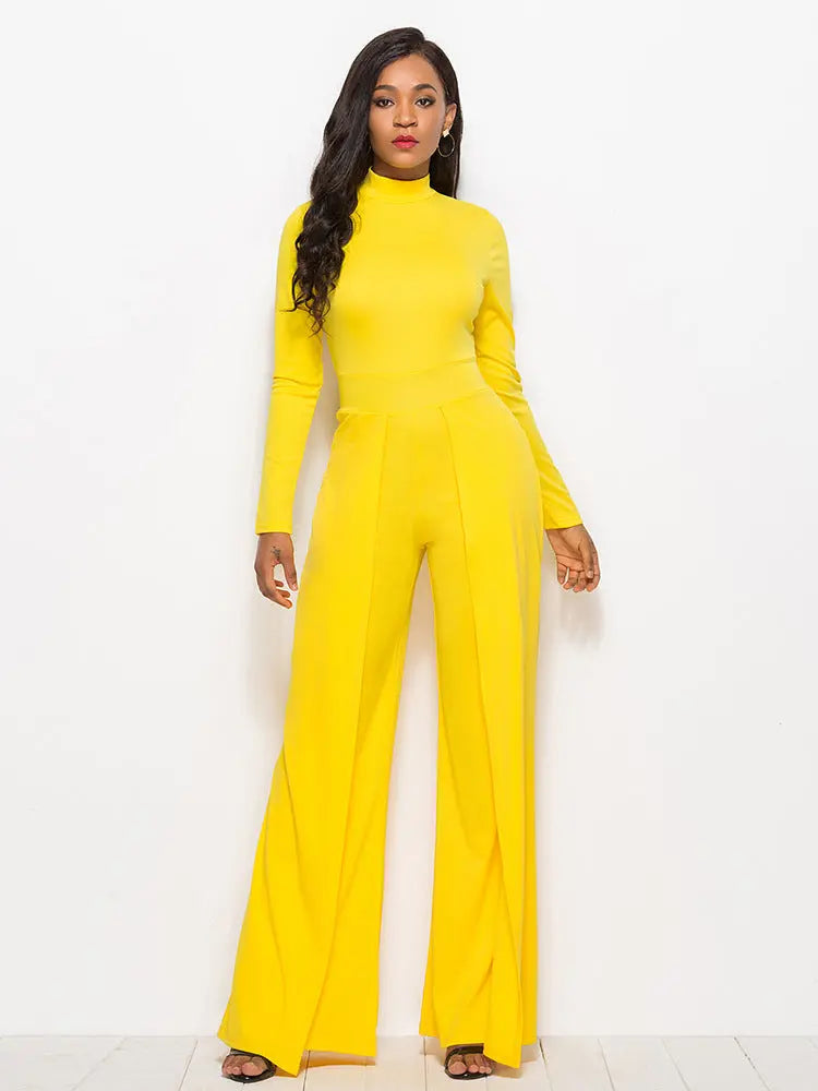 Amanda Long Sleeve Mock Neck Wide Leg Jumpsuit - ThingsWeUseAndLove Yellow-M