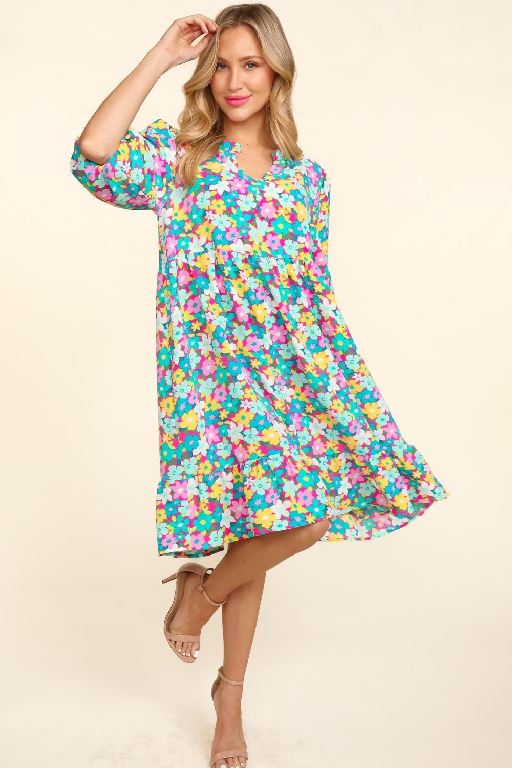 Haptics Bubble Sleeve Floral Ruffled Dress - ThingsWeUseAndLove