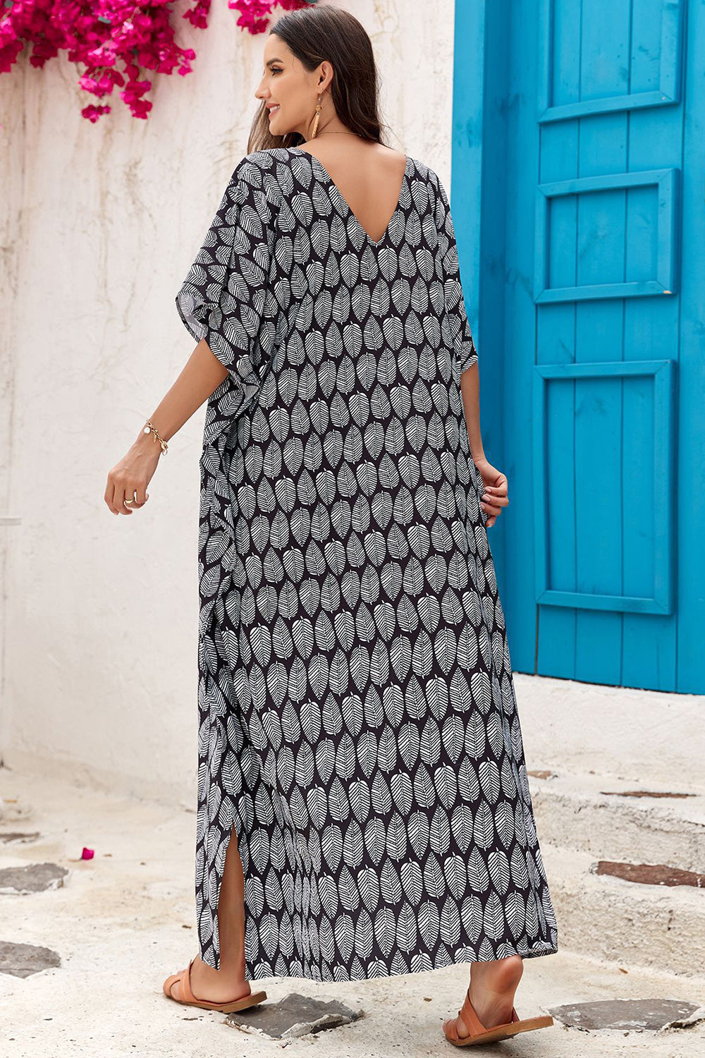 Slit Printed V-Neck Half Sleeve Cover Up - ThingsWeUseAndLove