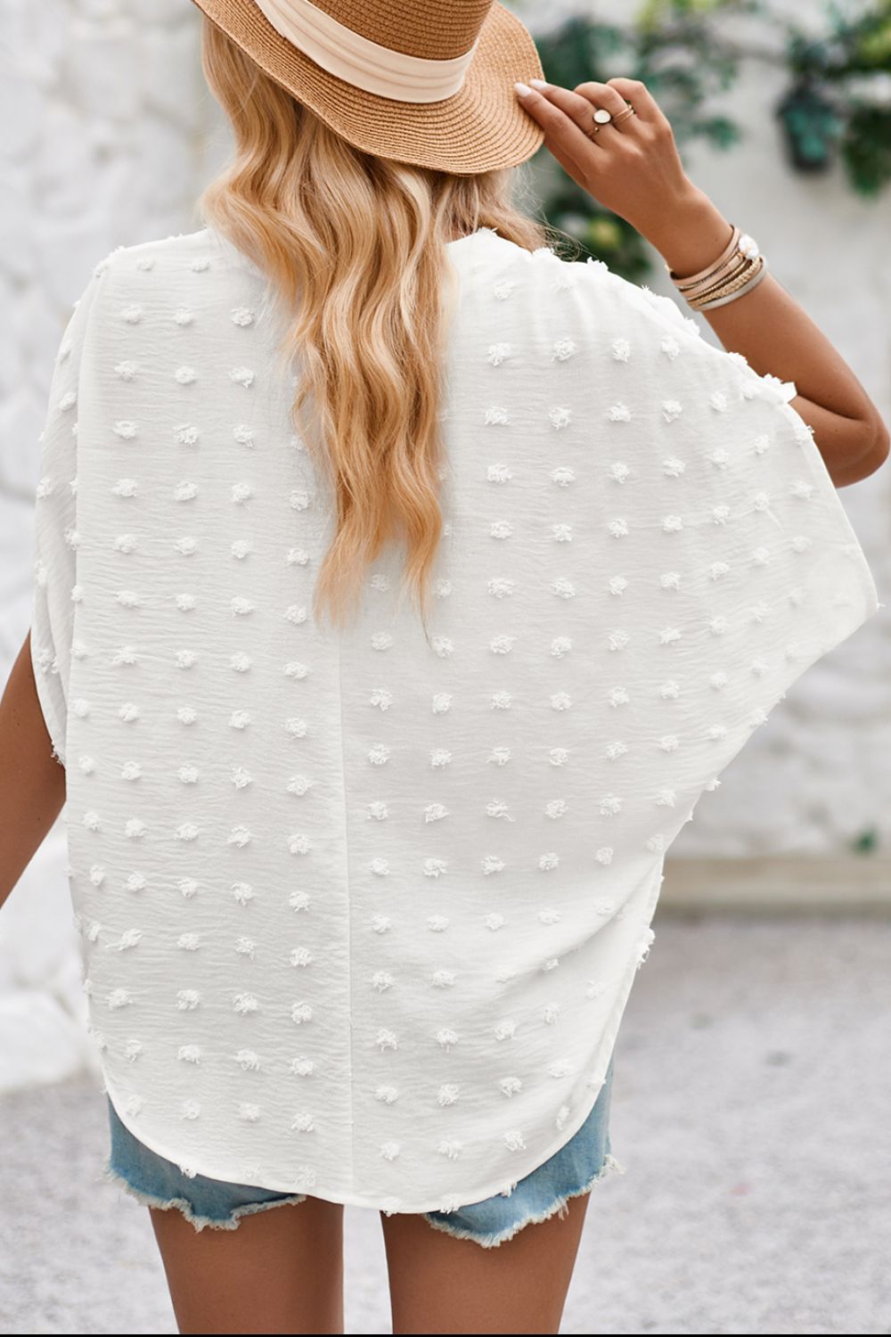 Swiss Dot Notched Half Sleeve Blouse - ThingsWeUseAndLove