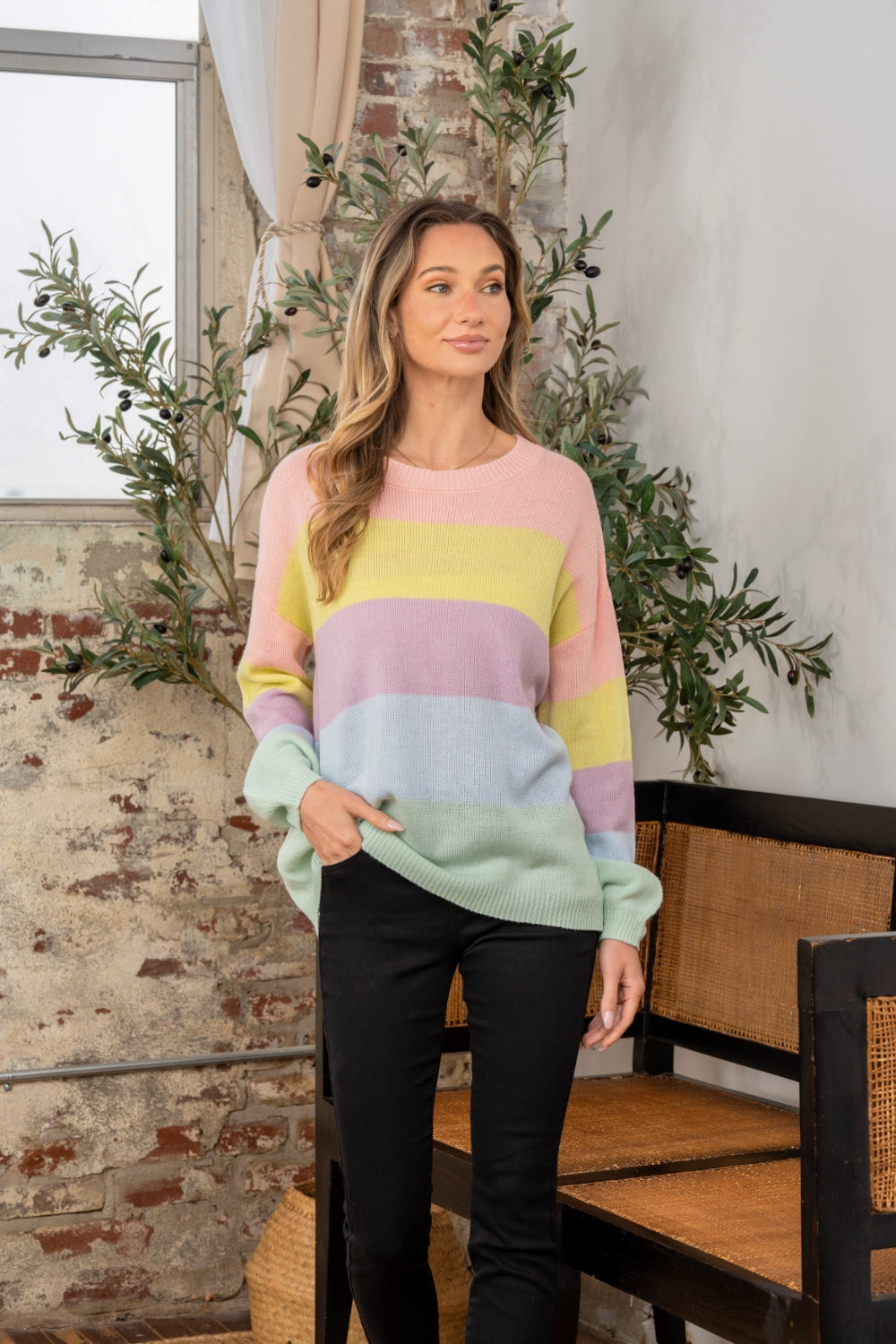 Color Block Pastel/Mint Round Neck Dropped Shoulder Sweater - ThingsWeUseAndLove