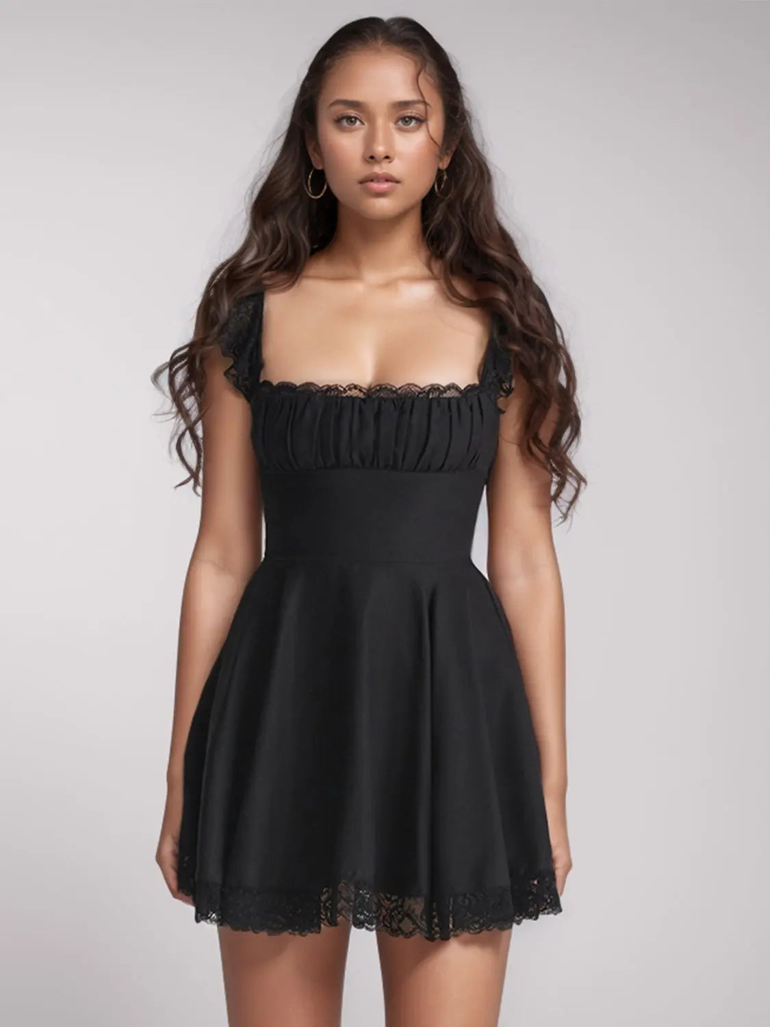 Square Neck Cap Sleeve Lace Detail Mini Dress - ThingsWeUseAndLove
