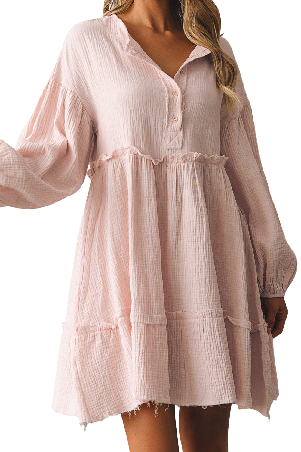 Oatmeal Crinkle Distressed Puff Sleeve Flared Dress - ThingsWeUseAndLove