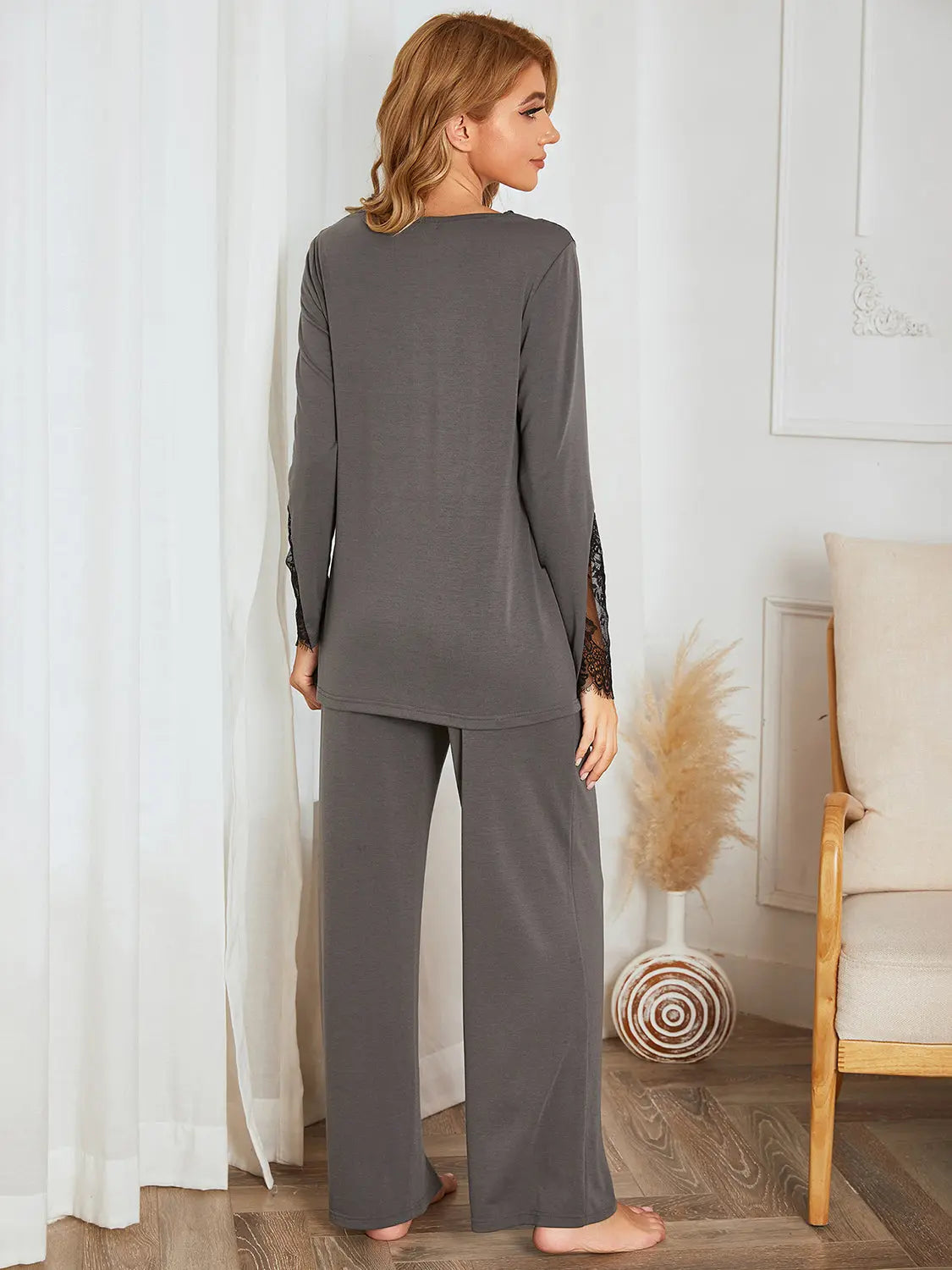 Cassidy Lace Detail Long Sleeve Top and Pants Lounge Set - ThingsWeUseAndLove