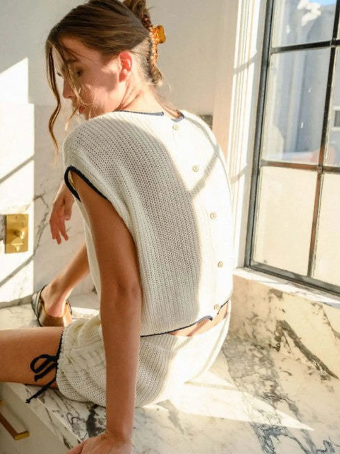 Round Neck Contrast Trim Top and Shorts Sweater Set - ThingsWeUseAndLove