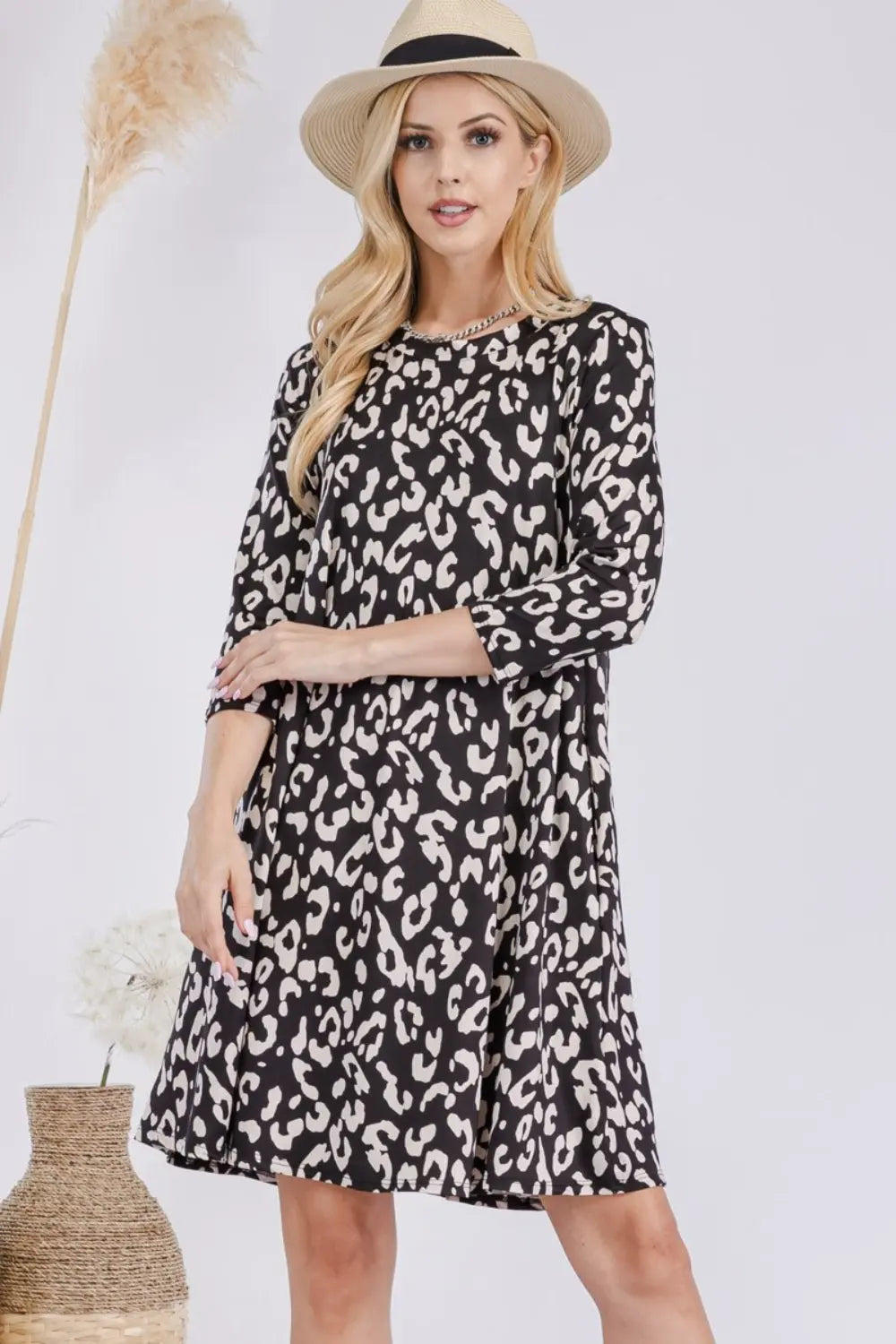 Size Inclusive Leopard Three-Quarter Sleeve Dress with Pockets - ThingsWeUseAndLove