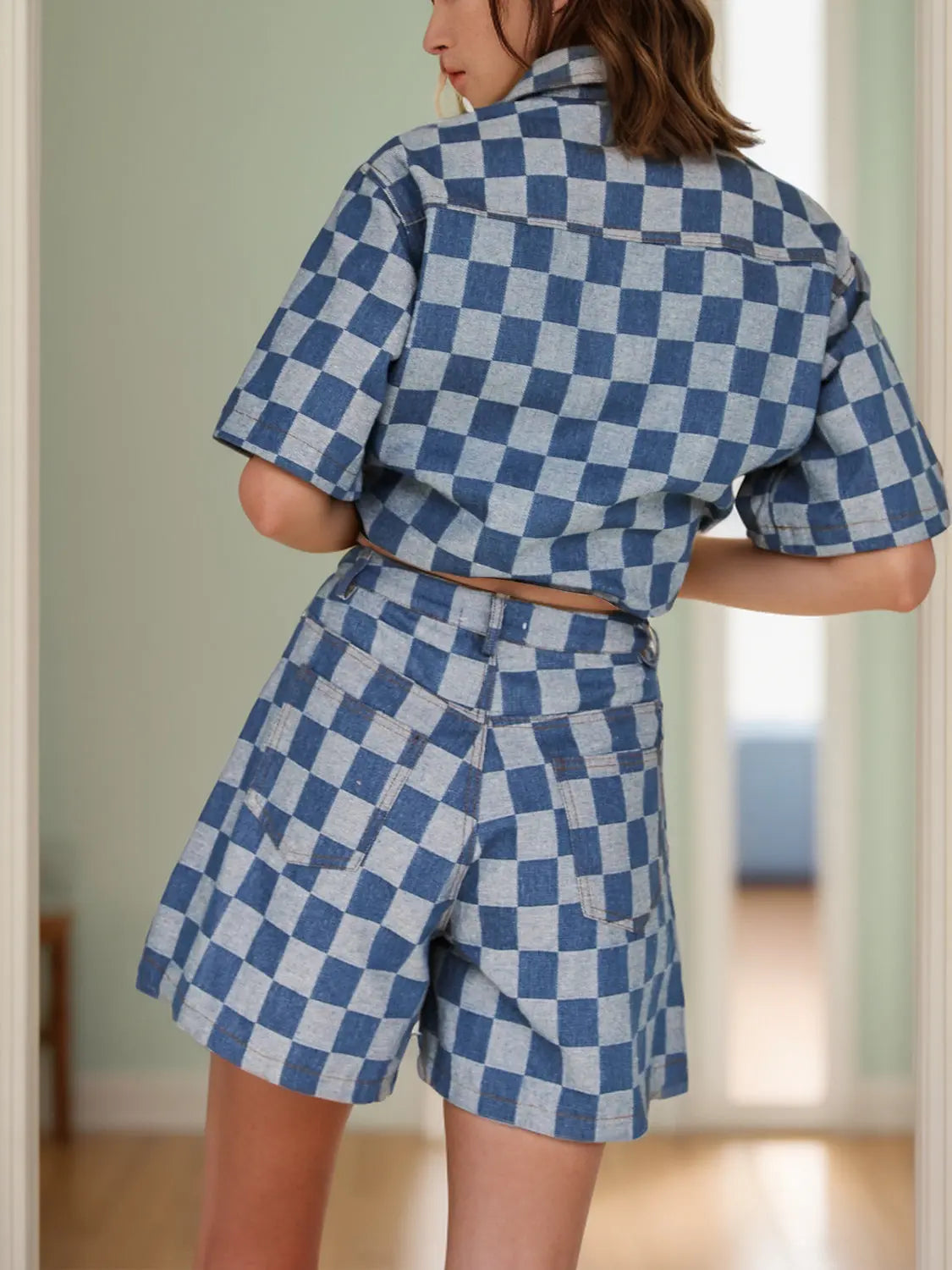 Button Up Half Checkered Sleeve Top and Shorts Set - ThingsWeUseAndLove