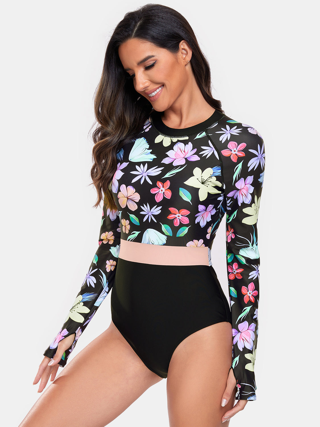 Flower Round Neck Long Sleeve One-Piece Swimwear - ThingsWeUseAndLove