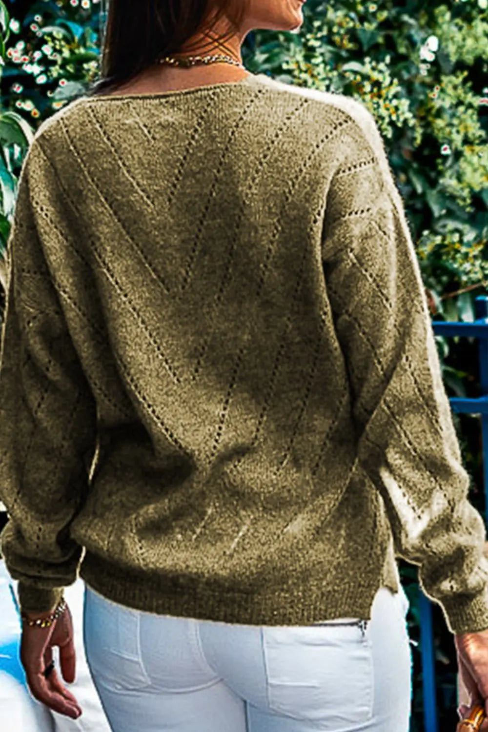 Chelsea Openwork V-Neck Long Sleeve Sweater - ThingsWeUseAndLove