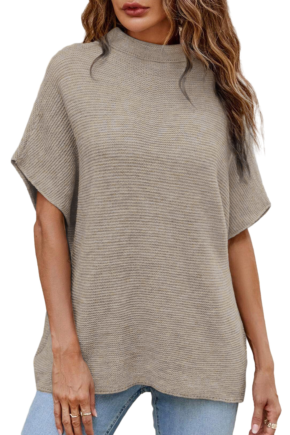 Mock Neck Short Batwing Sleeve Sweater - ThingsWeUseAndLove