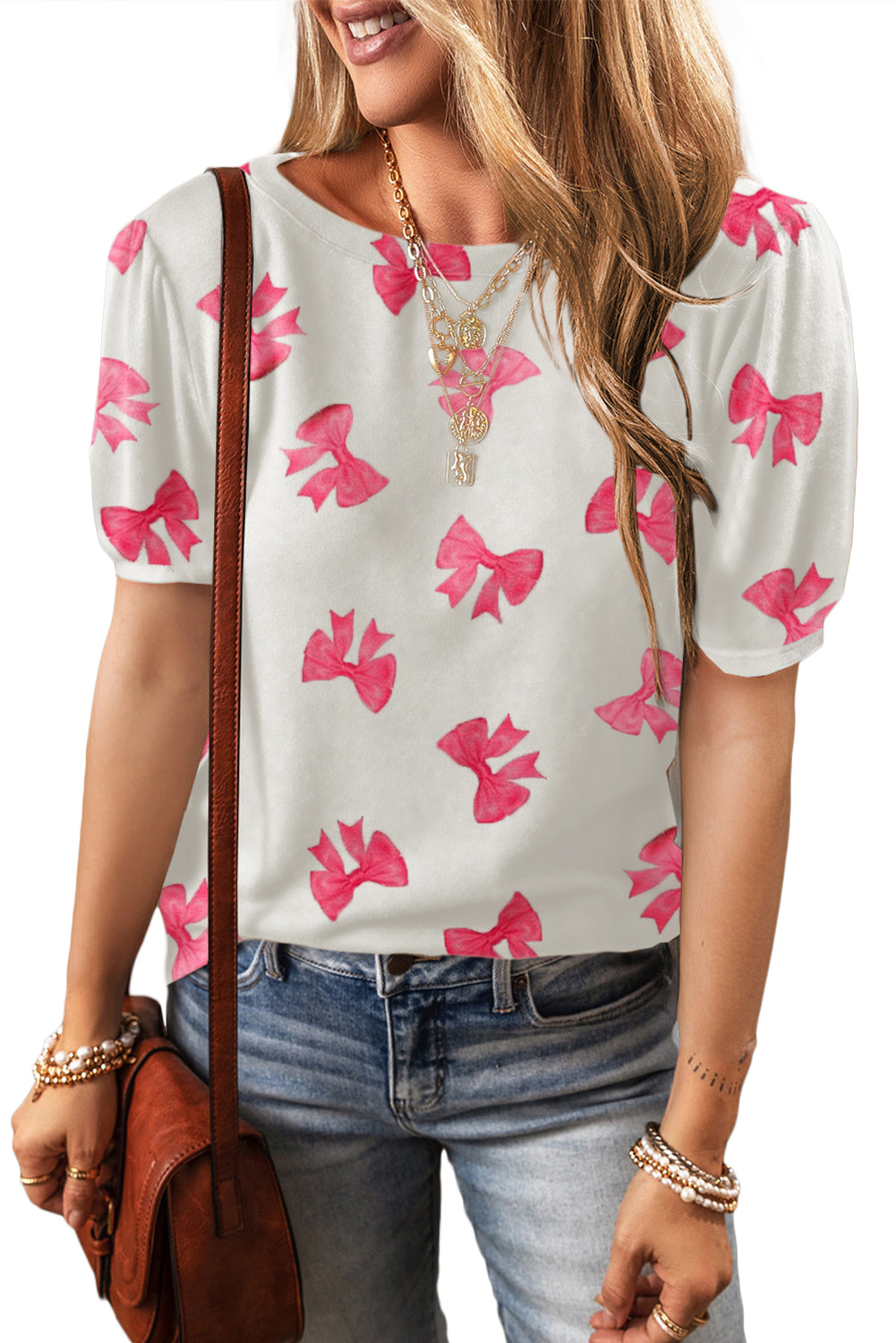 Sky Blue Flower Print Bubble Sleeve Tee - ThingsWeUseAndLove