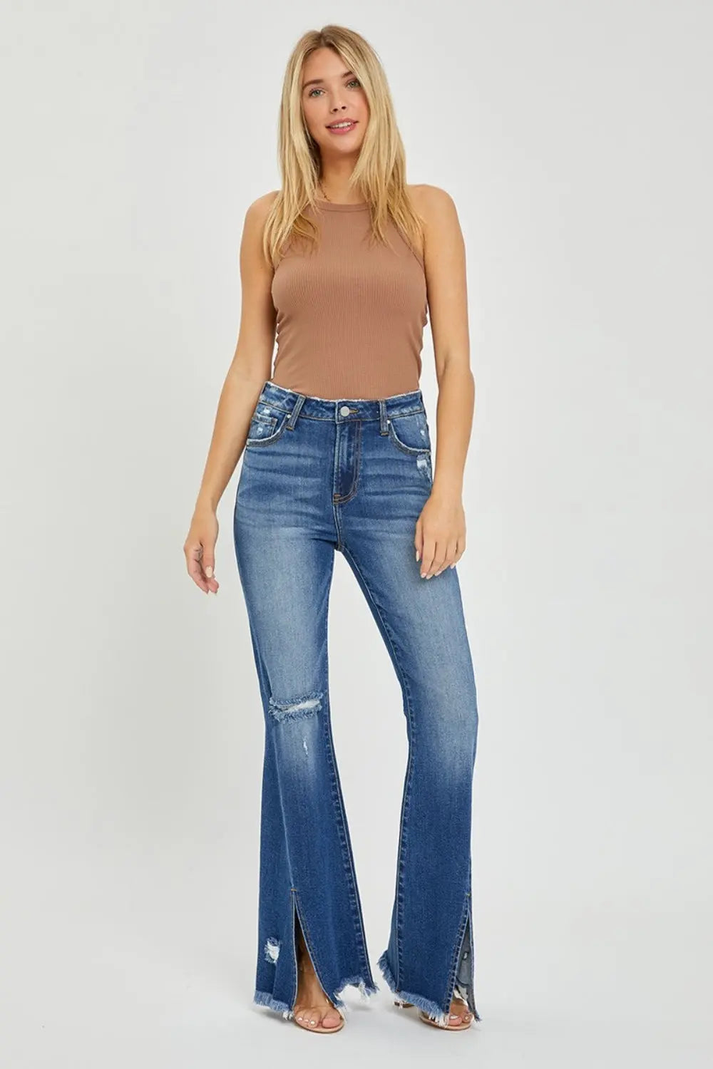 Aisley RISEN Size Inclusive High Rise Front Slit Frayed Hem Flare Jeans - ThingsWeUseAndLove