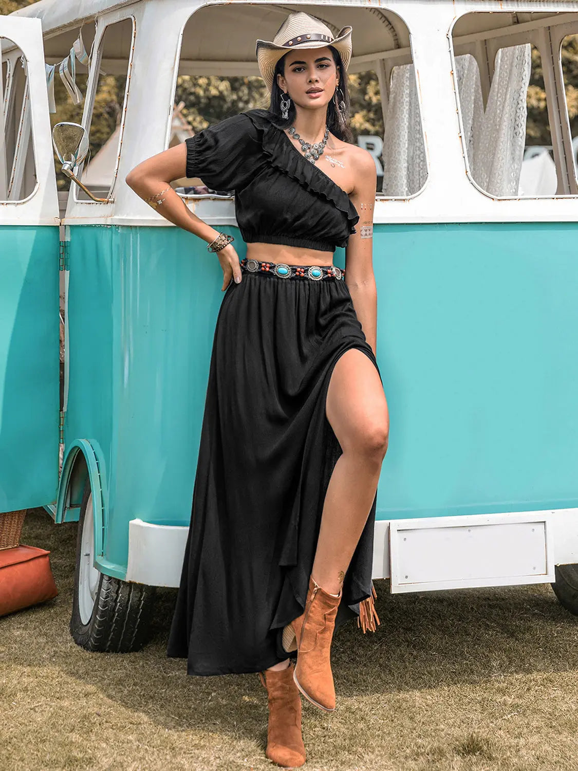 Ruffled Single Shoulder Top and Slit Skirt Set - ThingsWeUseAndLove