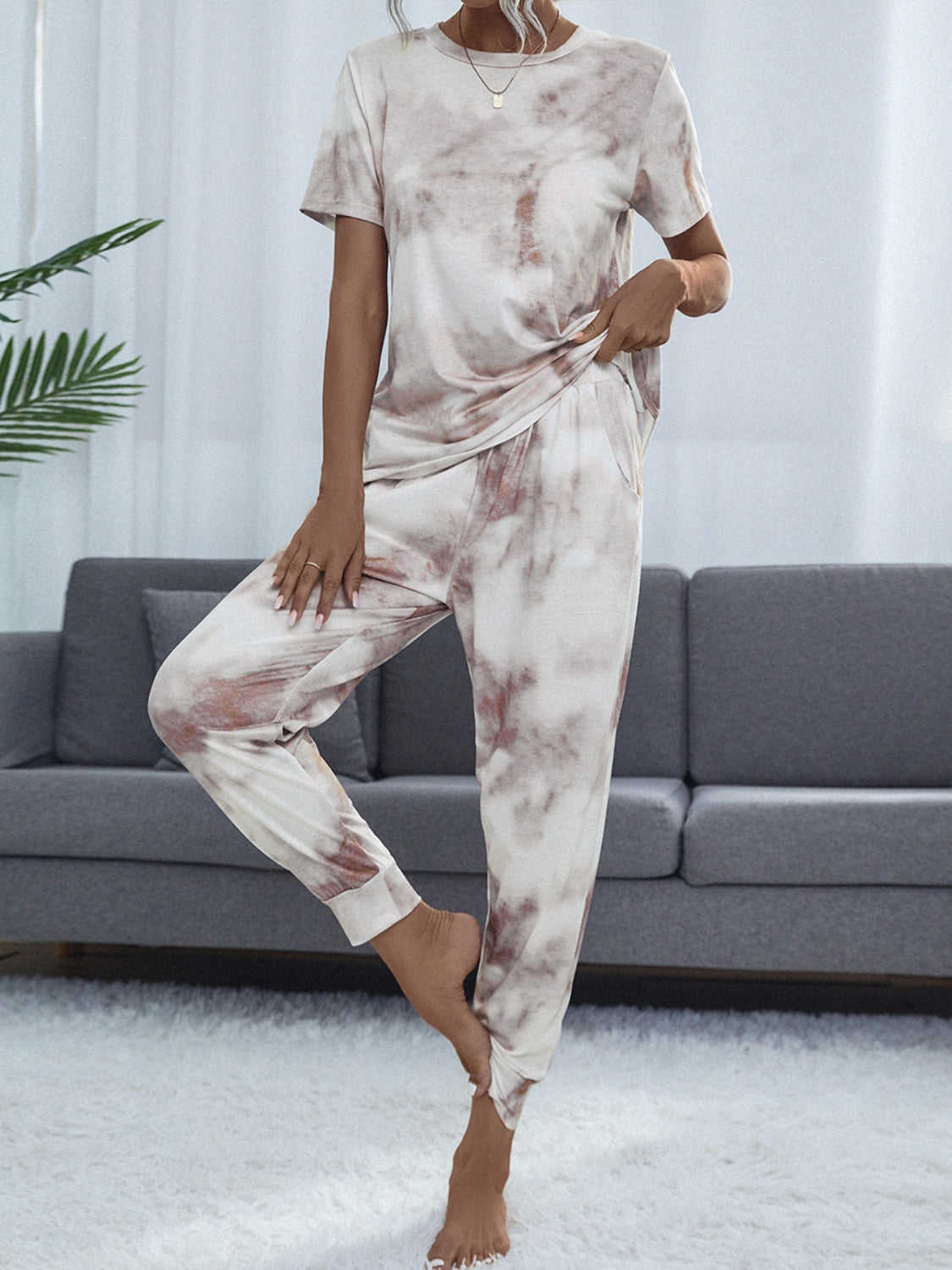 Tie-Dye Round Neck Short Sleeve Top and Pants Lounge Set - ThingsWeUseAndLove