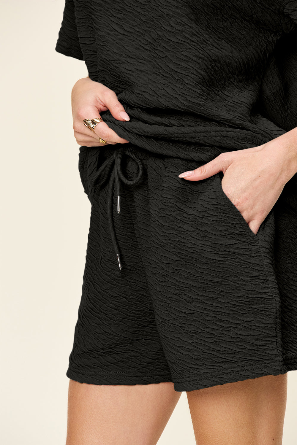 Double Take Full Size Texture Short Sleeve T-Shirt and Drawstring Shorts Set - ThingsWeUseAndLove