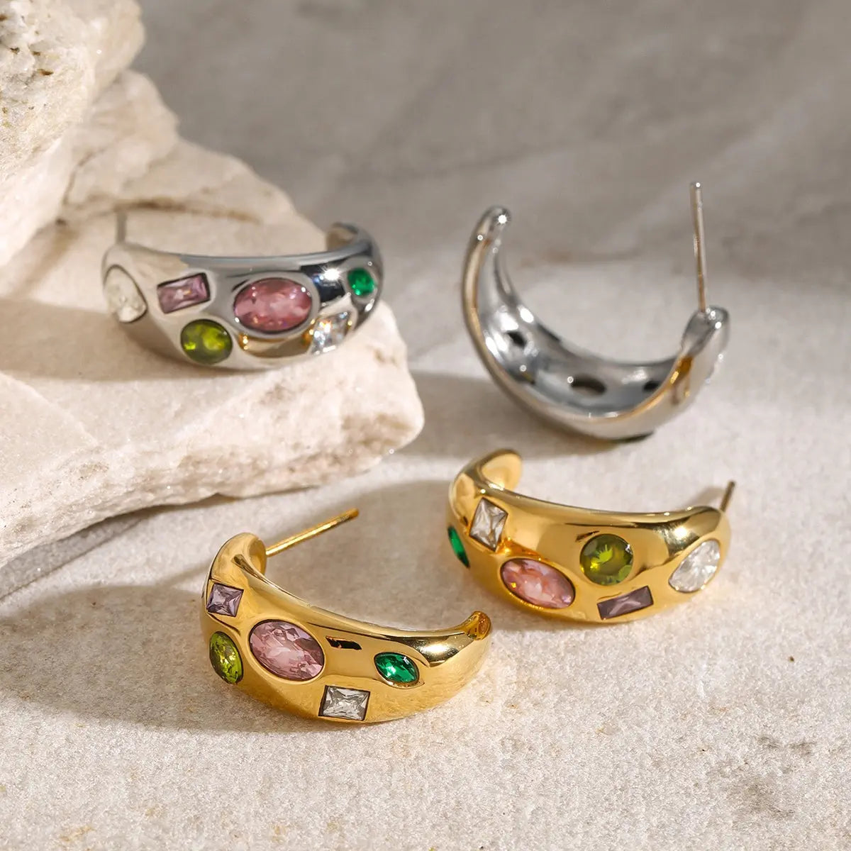 Stainless Steel Inlaid Geometric Zircon Earrings - ThingsWeUseAndLove