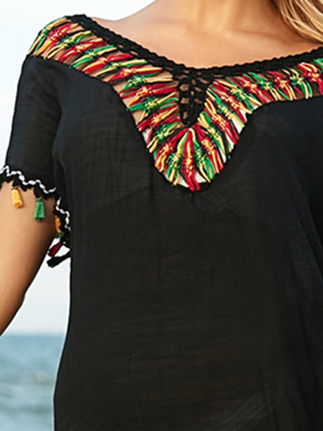 Peppa Tassel V-Neck Short Sleeve Cover Up - ThingsWeUseAndLove