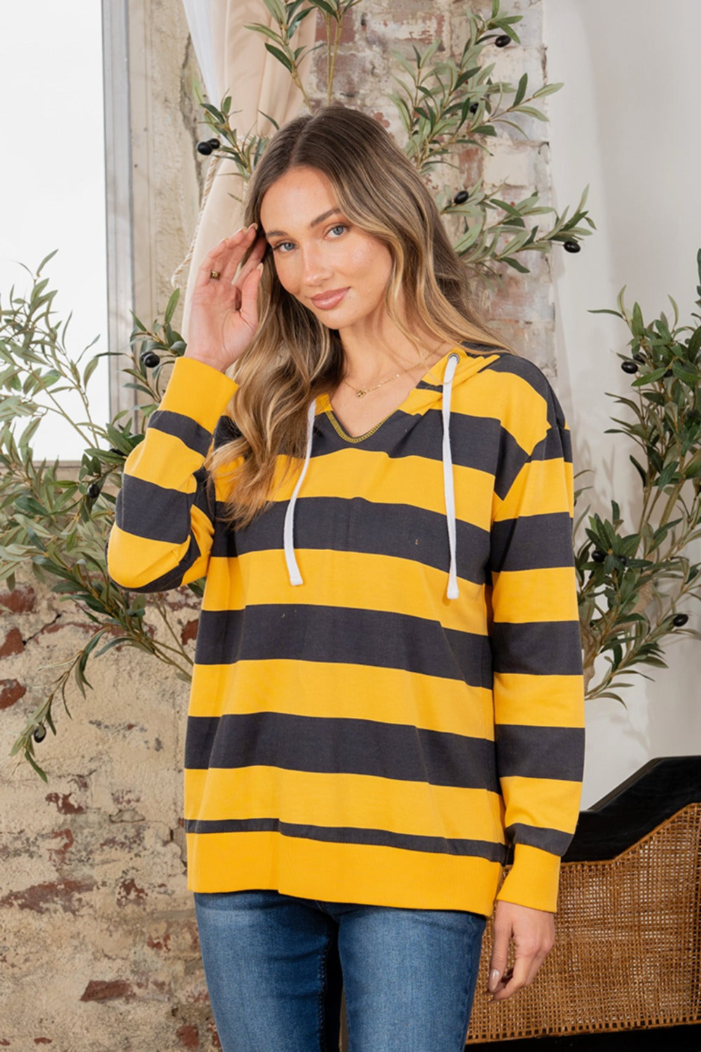 Full Size Drawstring Striped Long Sleeve Hoodie - ThingsWeUseAndLove