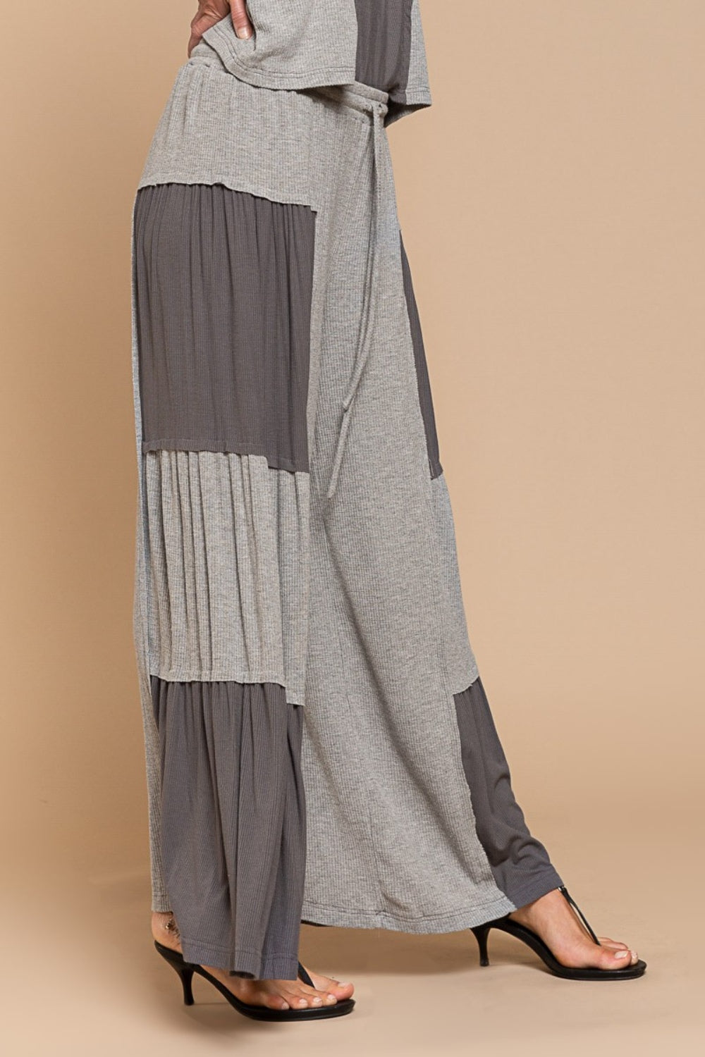 Charcoal & Ash Ribbed Contrast Wide Leg Pants - ThingsWeUseAndLove