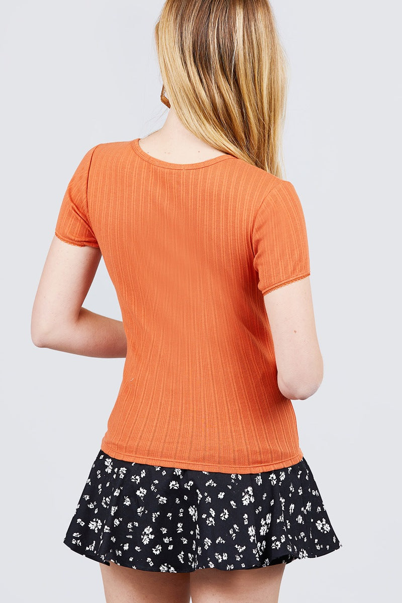 Short Sleeve W/lace Trim Detail Crew Neck Pointelle Knit Top - ThingsWeUseAndLove