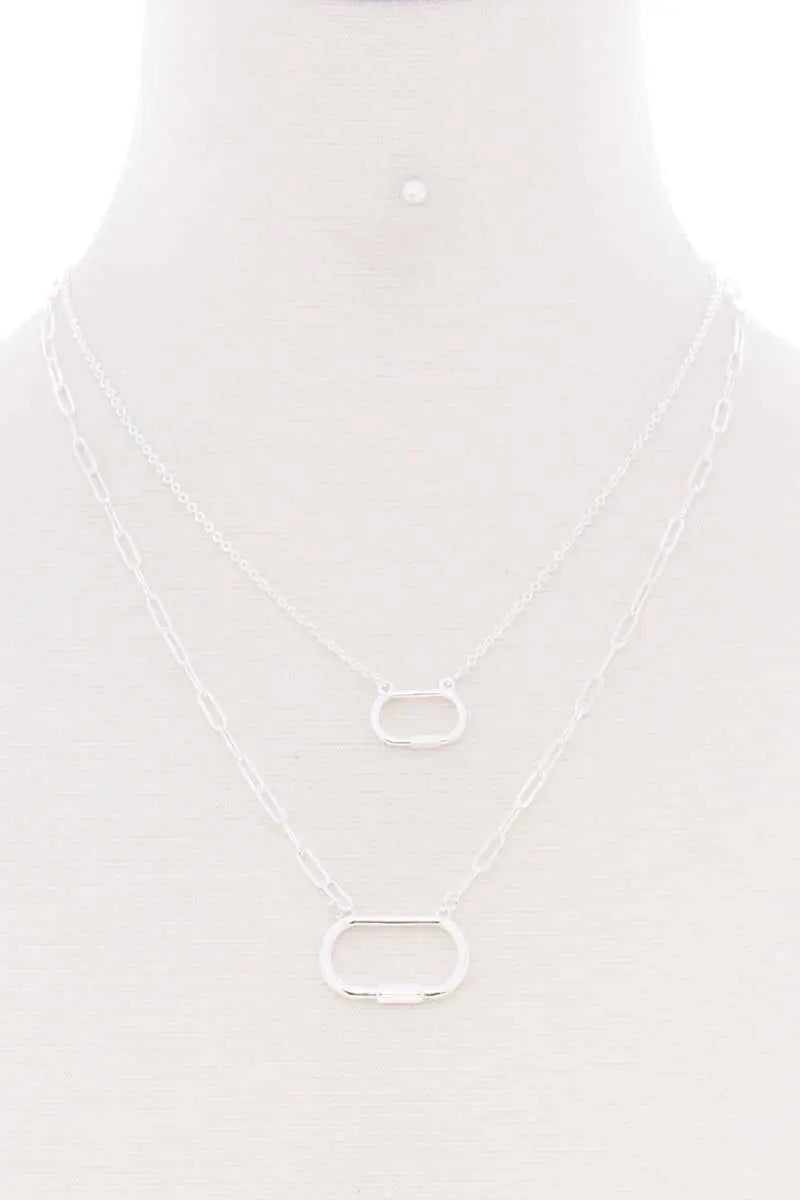 2 Layered Chain Oval Pendant Metal Necklace Earring Set - ThingsWeUseAndLove