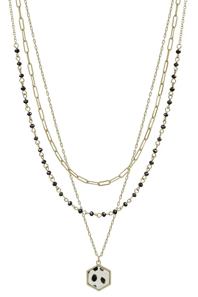 3 Layered Metal Crystal Bead Chain Hexagon Leopard Pendant Necklace - ThingsWeUseAndLove
