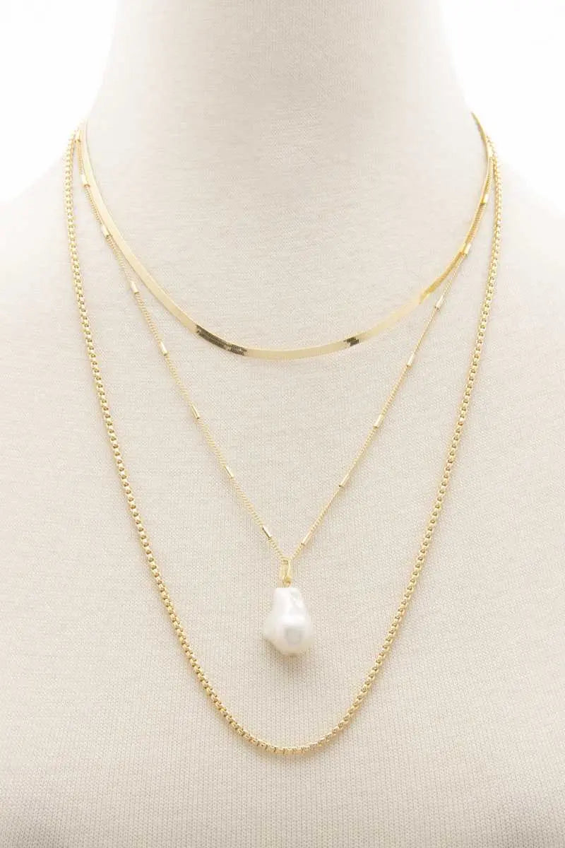 Pearl Herringbone Link Layered Necklace - ThingsWeUseAndLove