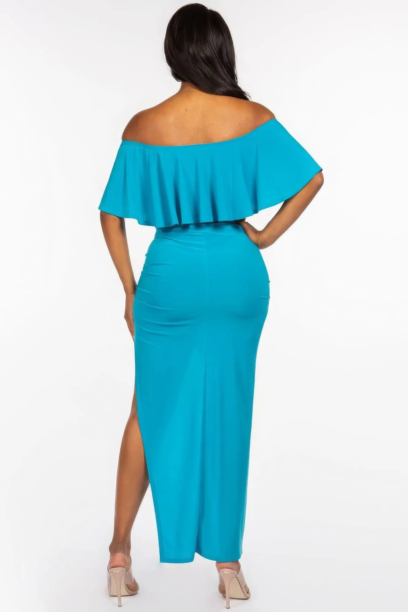 Solid Ity Off The Shoulder Ruffled Cropped Top And Ruched Maxi Skirt Two Piece Set - ThingsWeUseAndLove