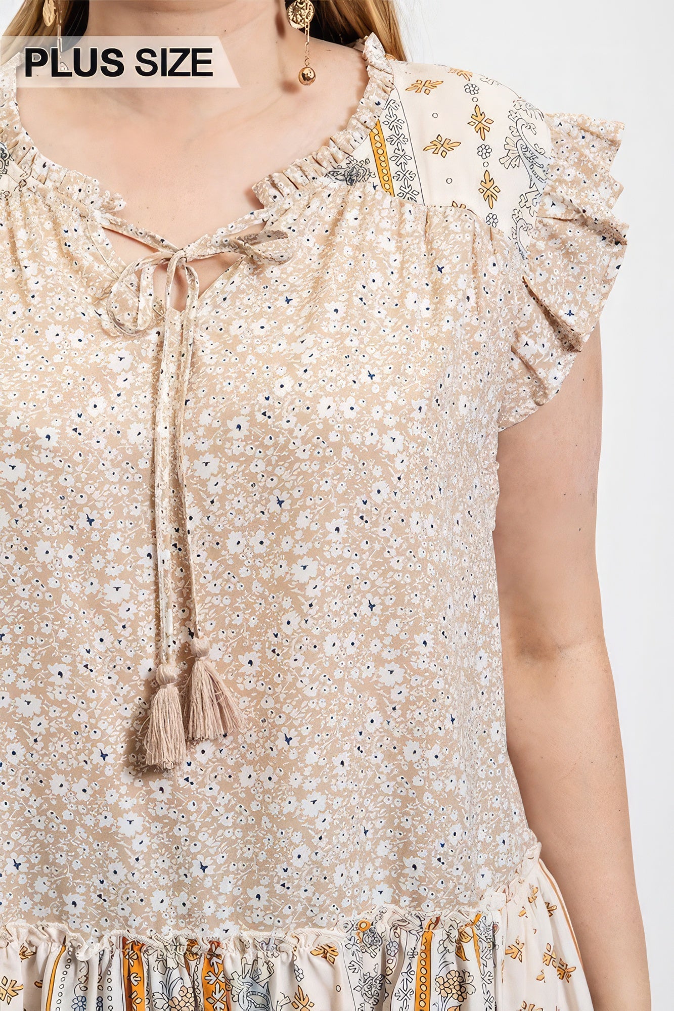 Woven Prints Mixed And Sleeveless Flutter Top With Tassel Tie - ThingsWeUseAndLove