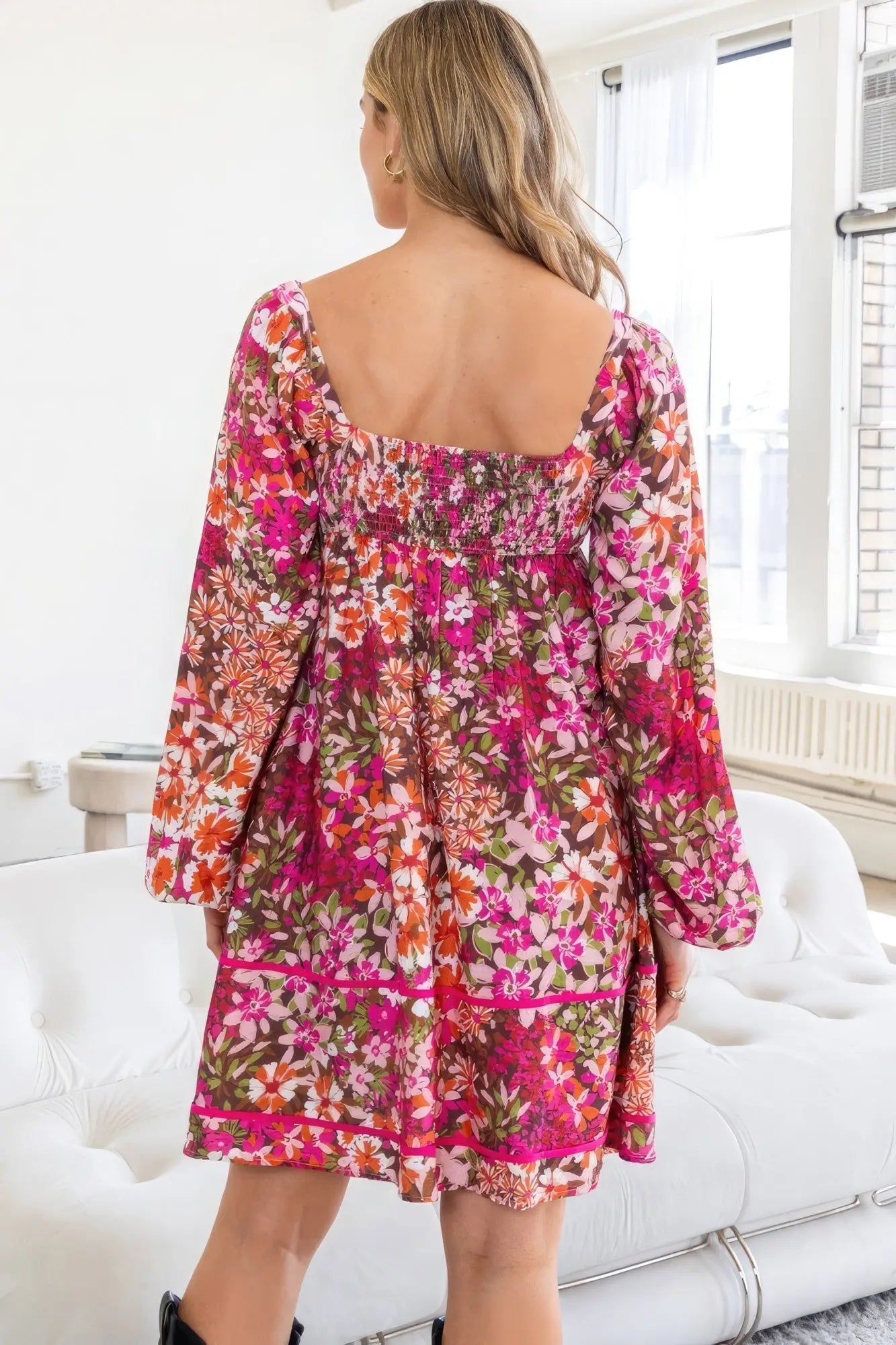Floral Square Neckline Mini Dress - ThingsWeUseAndLove