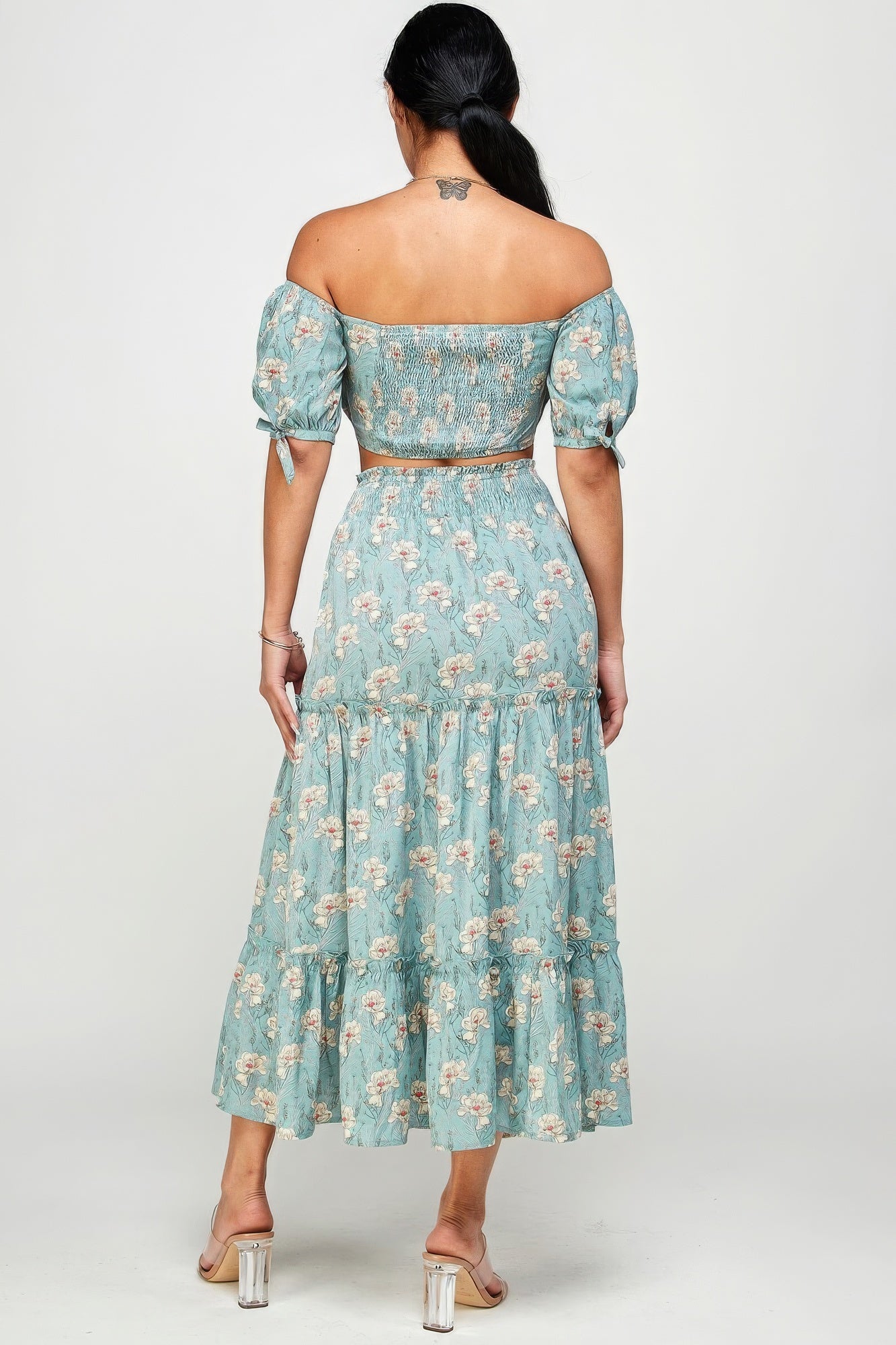 Floral Off Shoulder Sleeve Back Tie Top Skirt Set - ThingsWeUseAndLove