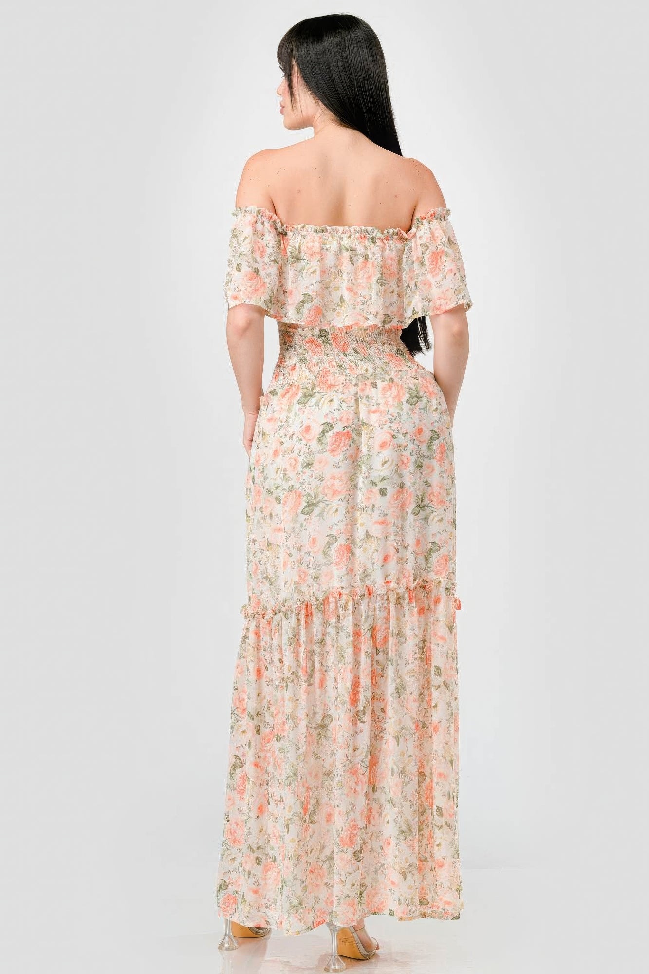 Floral Chiffon Off Shoulder Smocked Back Ruffled Tiered Maxi Dress - ThingsWeUseAndLove
