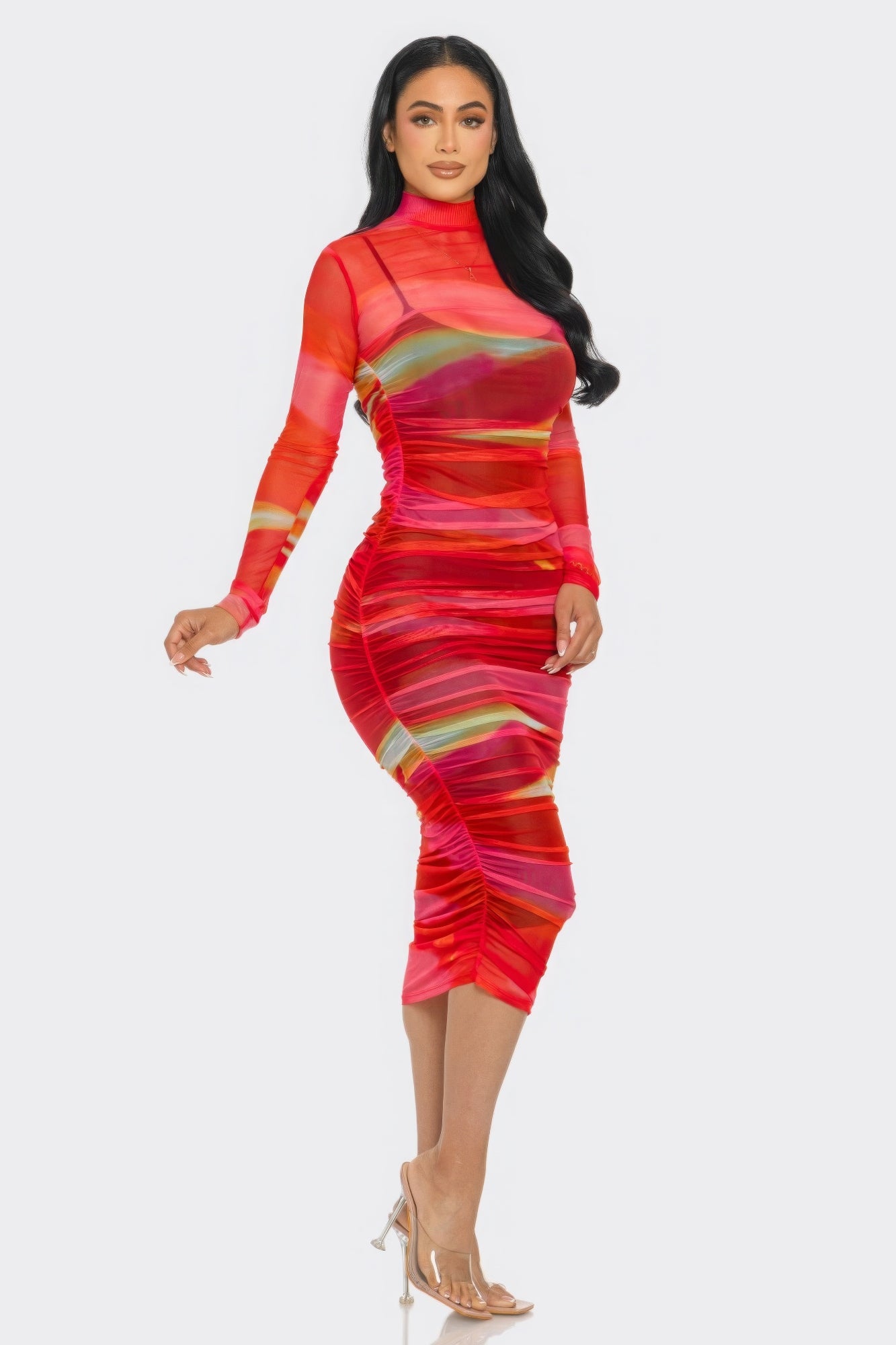 Glitch Print Mesh Ruched Midi Dress - ThingsWeUseAndLove