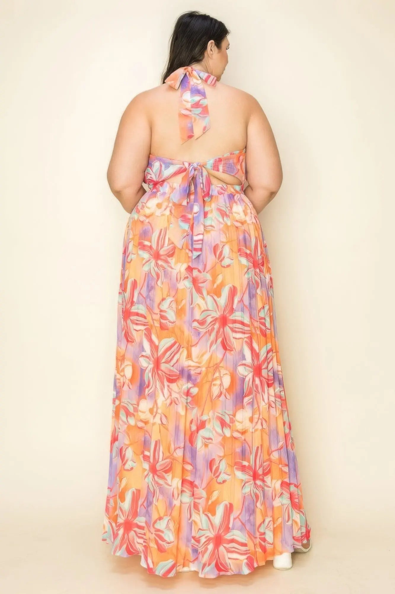 Chiffon Printed Pleated Cross Halter Key Hole Front Smocked Waist Maxi Dress - ThingsWeUseAndLove