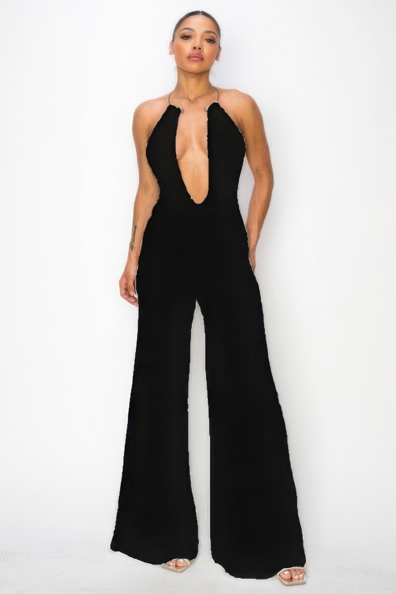 Slinky Wide Leg Jumpsuit W/metal Choker Necklace - ThingsWeUseAndLove