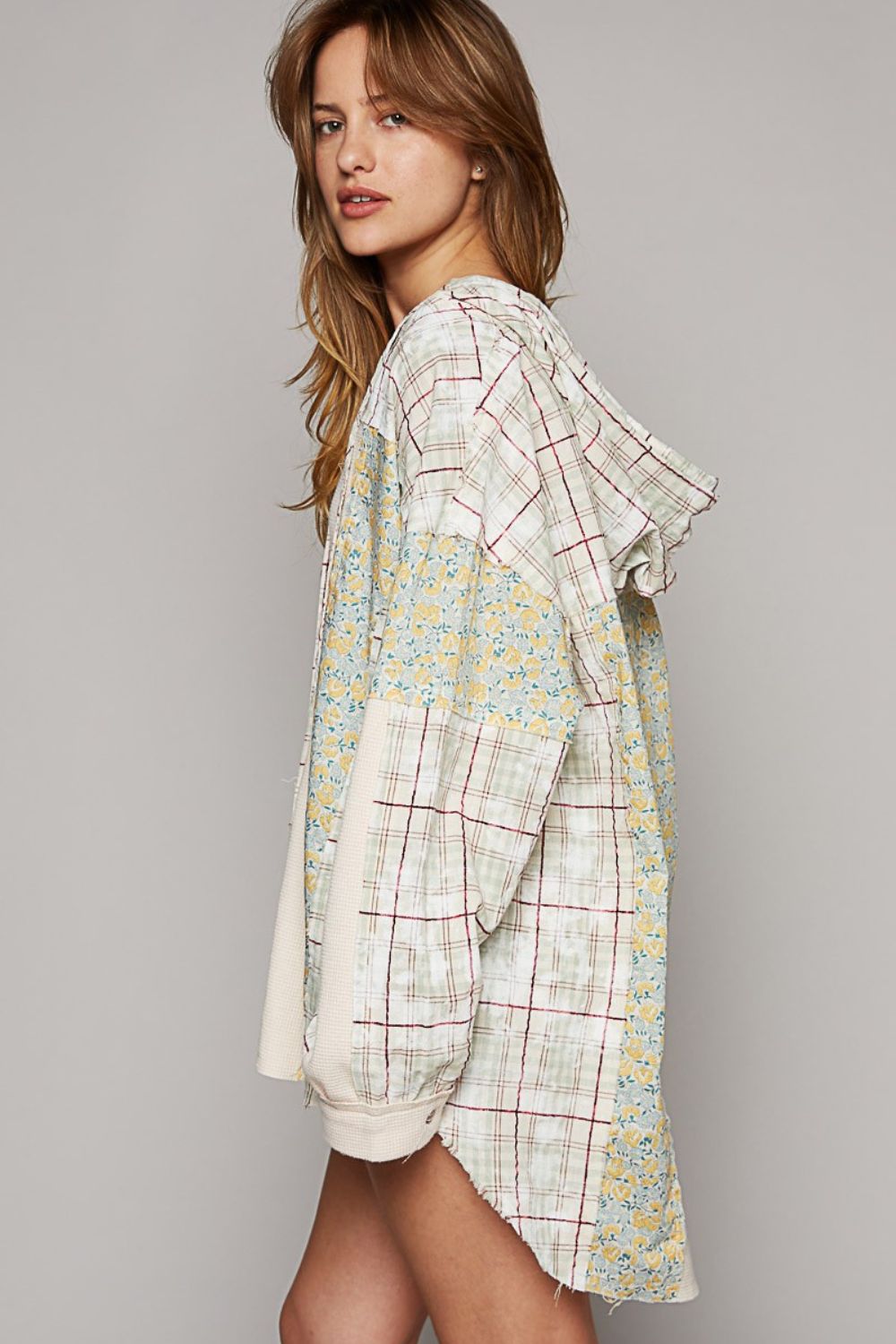 Sleeve Knit Mixed Hoodie Plaid Shirt - ThingsWeUseAndLove