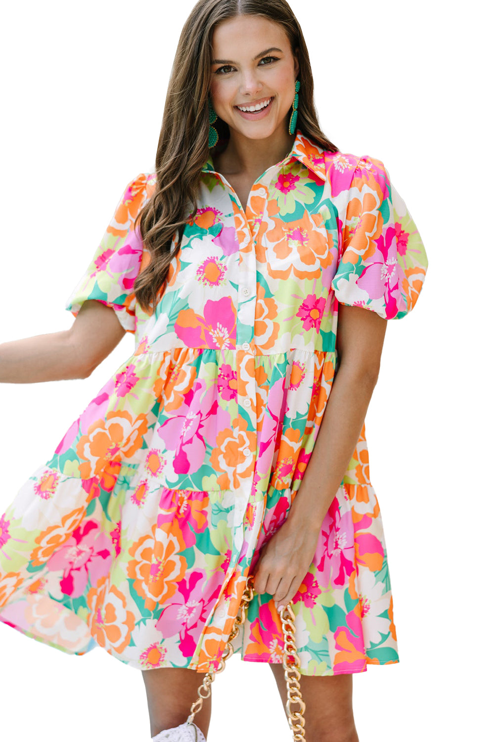 Floral Puff Sleeve Buttoned Babydoll Dress - ThingsWeUseAndLove