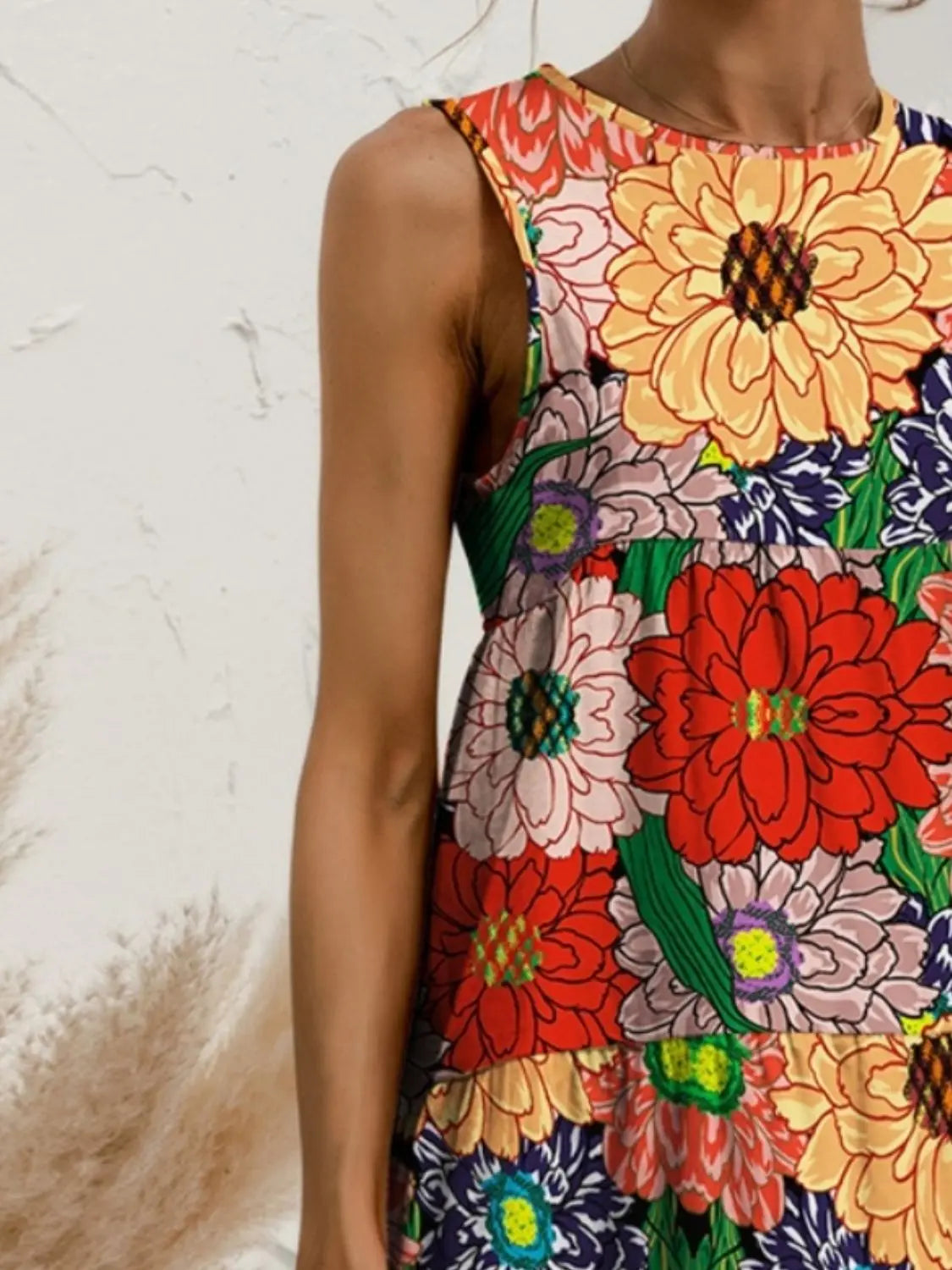 Round Neck Sleeveless Tiered Printed Dress - ThingsWeUseAndLove