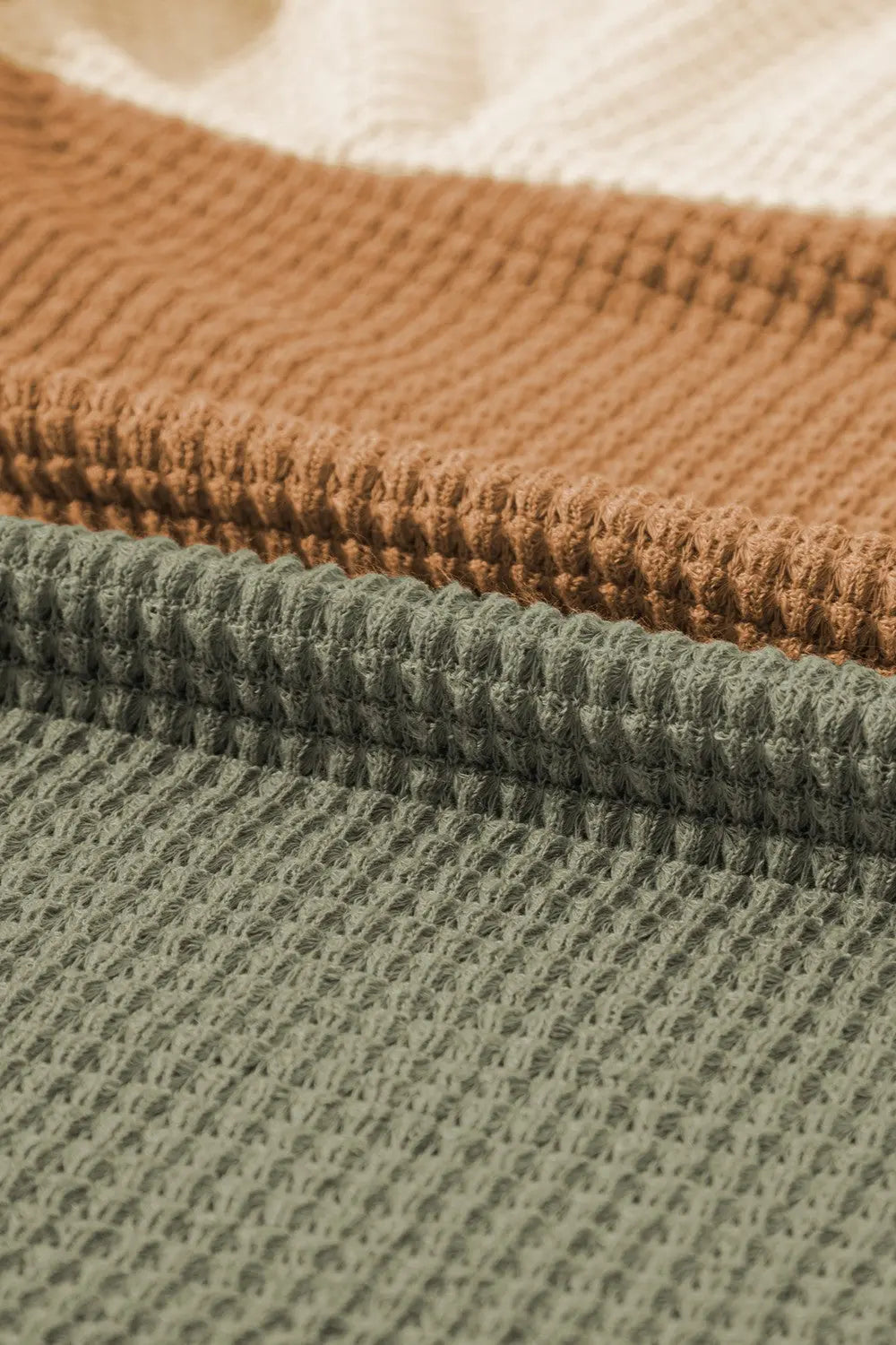 Shannon Waffle-Knit Color Block Round Neck Long Sleeve Blouse - ThingsWeUseAndLove