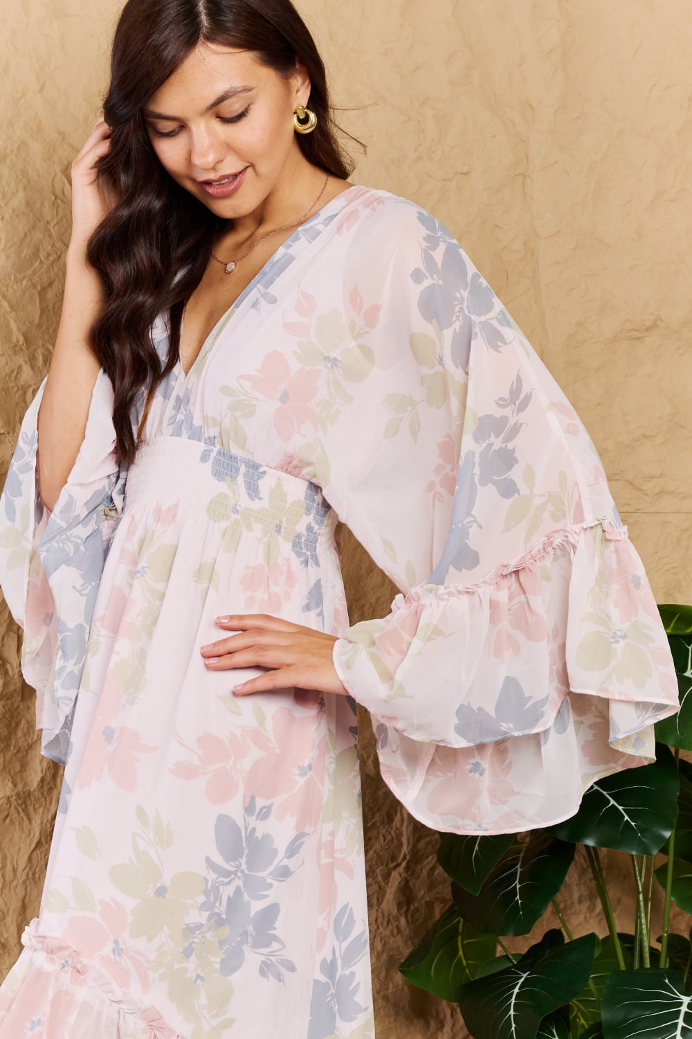 Floral Bell Sleeve Midi Dress in Coral - ThingsWeUseAndLove