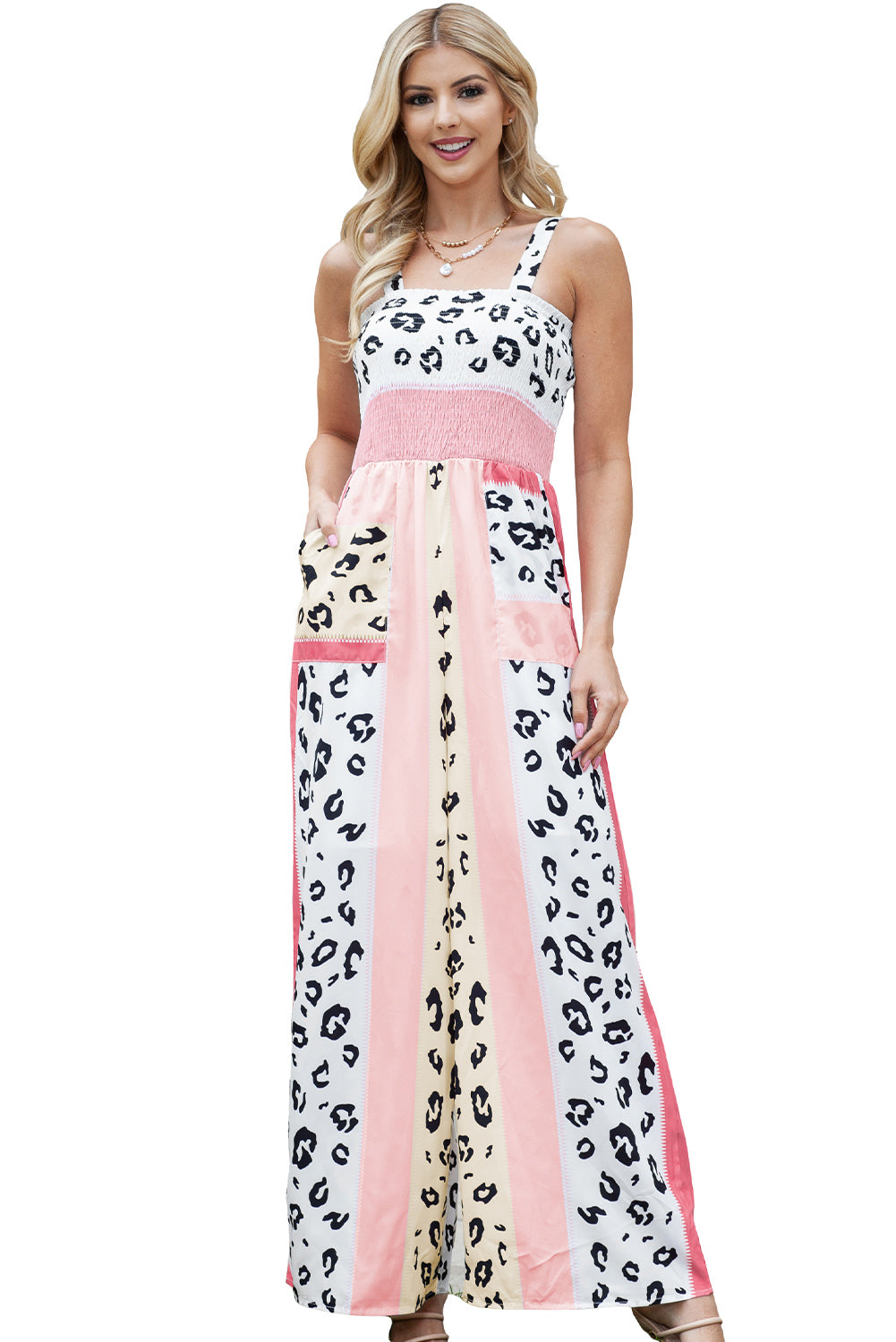 Pink Leopard Color Block Patchwork Strap Jumpsuit - ThingsWeUseAndLove