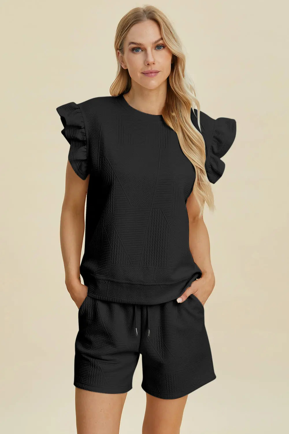 Texture Round Neck Ruffle Sleeve Top and Shorts Set - ThingsWeUseAndLove Black-2XL