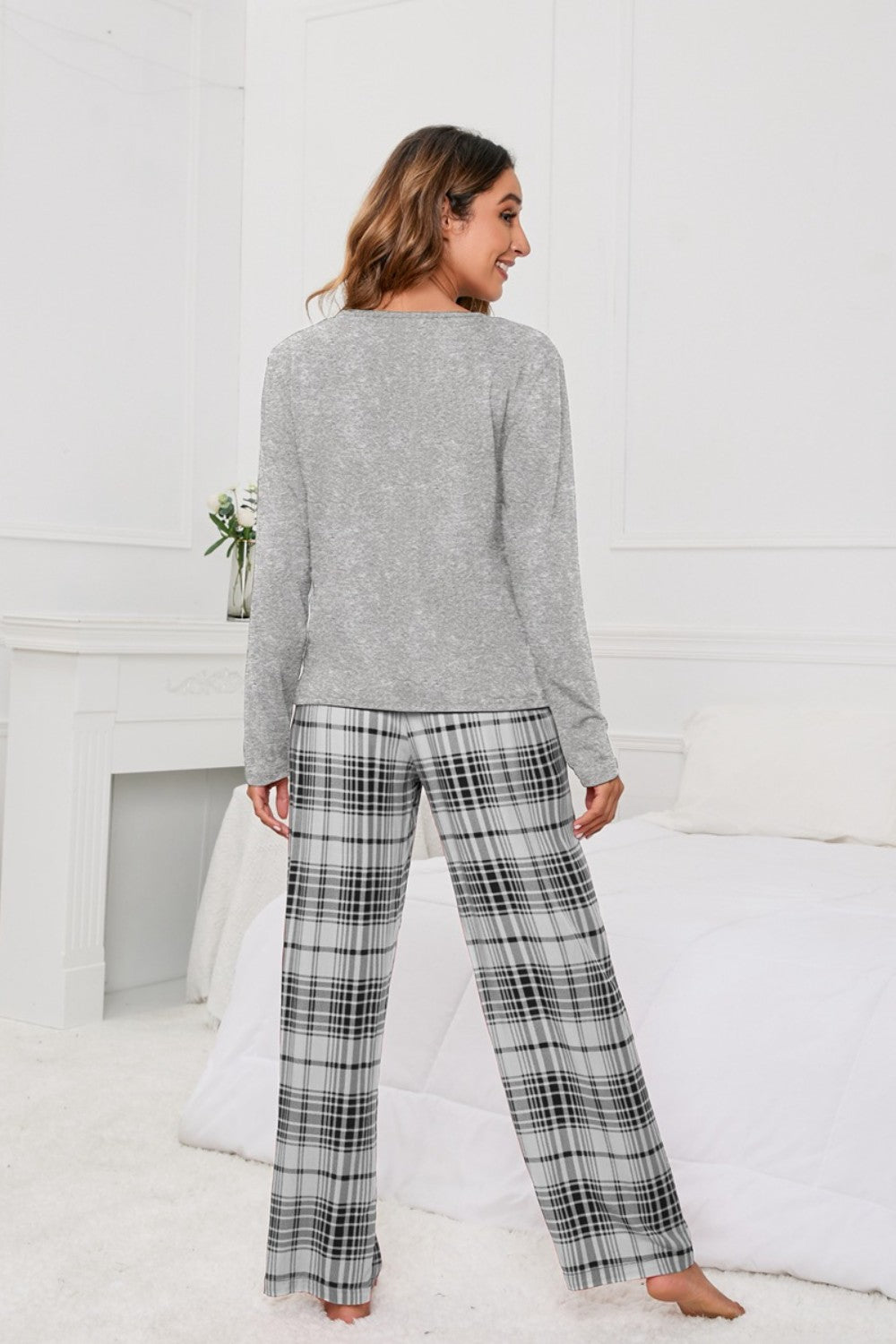 Lace Round Neck Long Sleeve Top and Bow Plaid Pants Lounge Set - ThingsWeUseAndLove